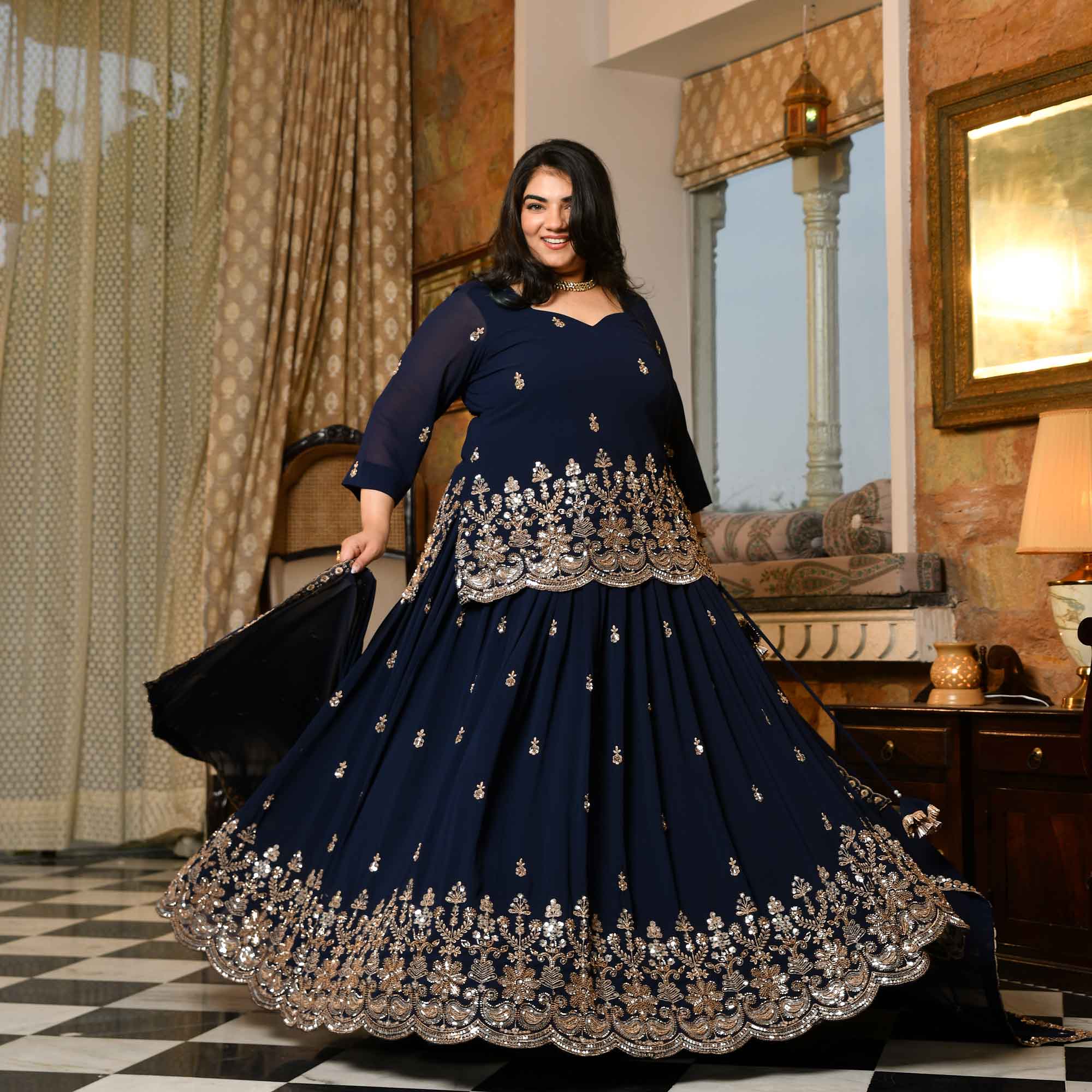 Dil Kya Kare- Navy Blue Cutdana Embroidered Georgette Lehenga Set