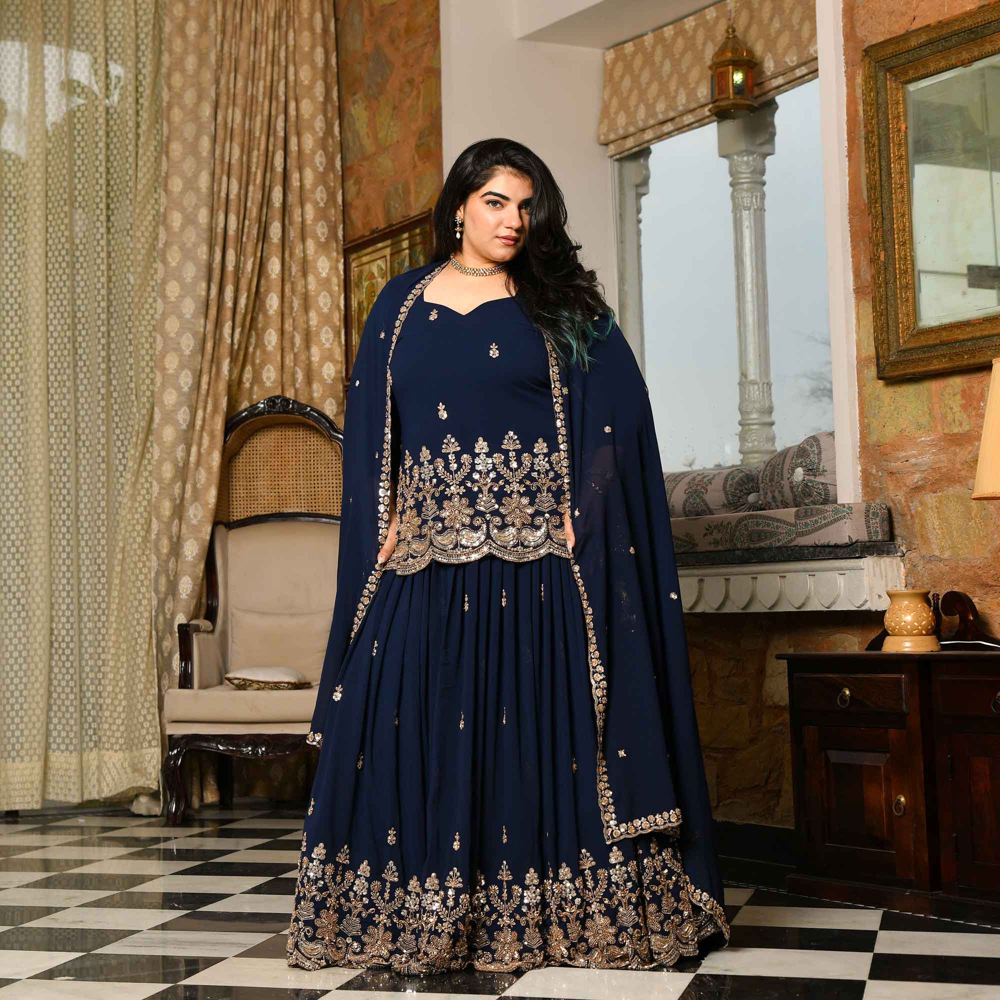 Dil Kya Kare- Navy Blue Cutdana Embroidered Georgette Lehenga Set
