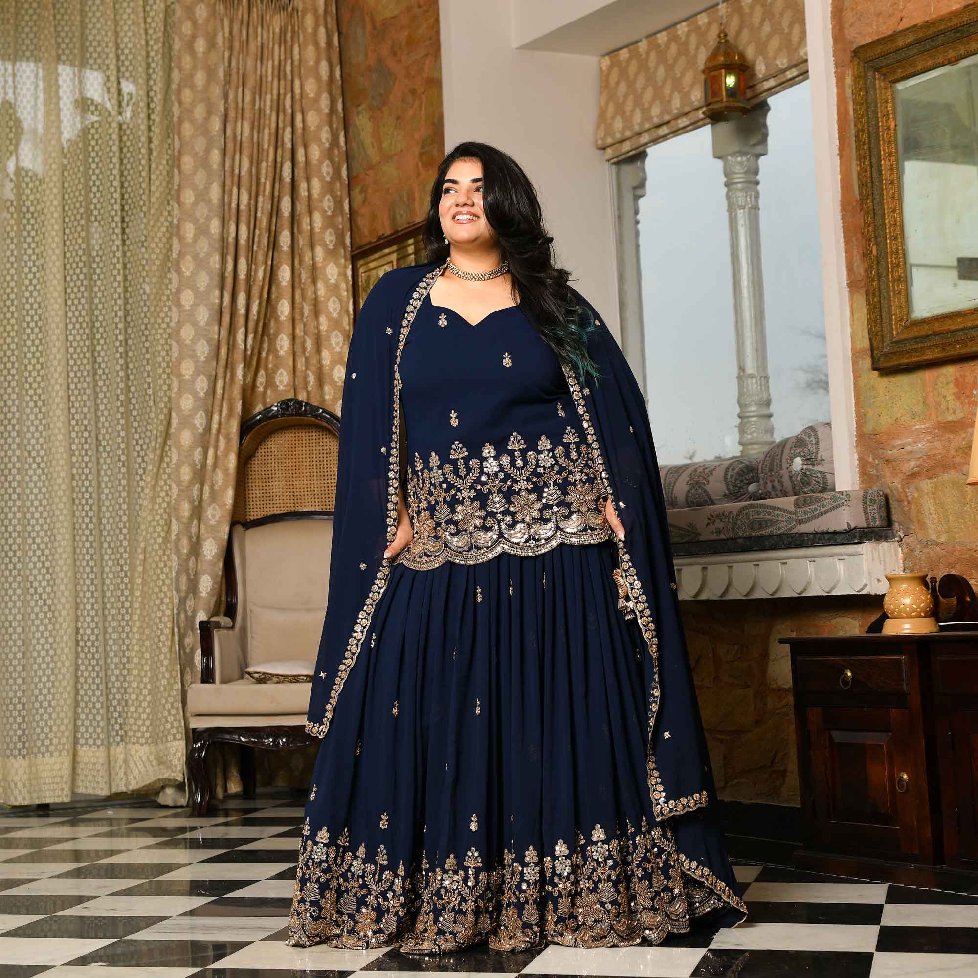 Dil Kya Kare- Navy Blue Cutdana Embroidered Georgette Lehenga Set