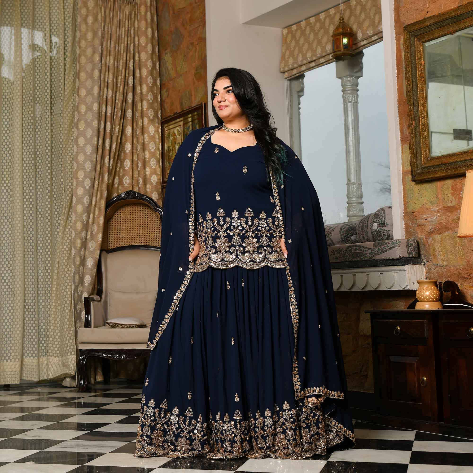 Dil Kya Kare- Navy Blue Cutdana Embroidered Georgette Lehenga Set