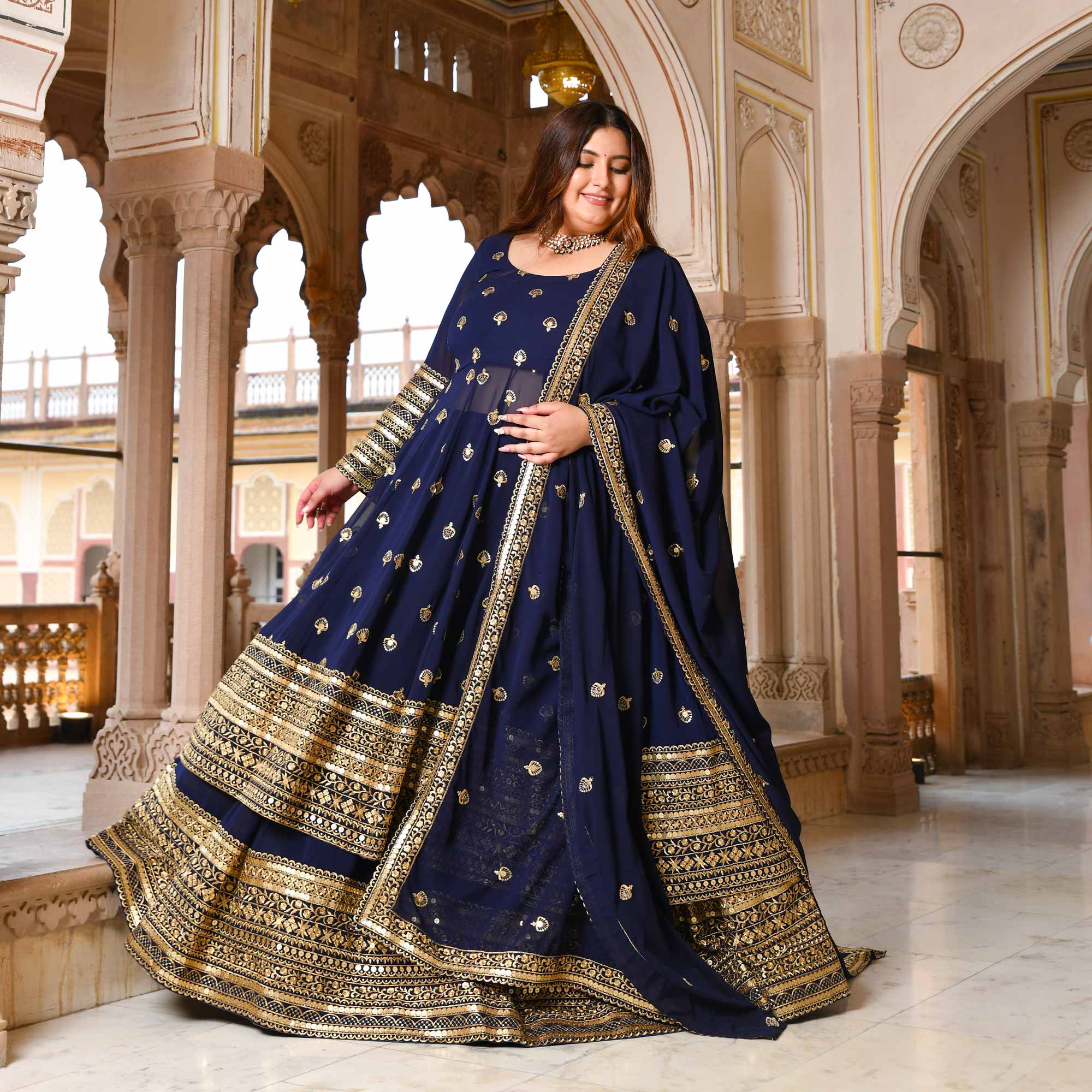 Enchanted Navy Sequin Embroidered Georgette Anarkali Lehenga Set