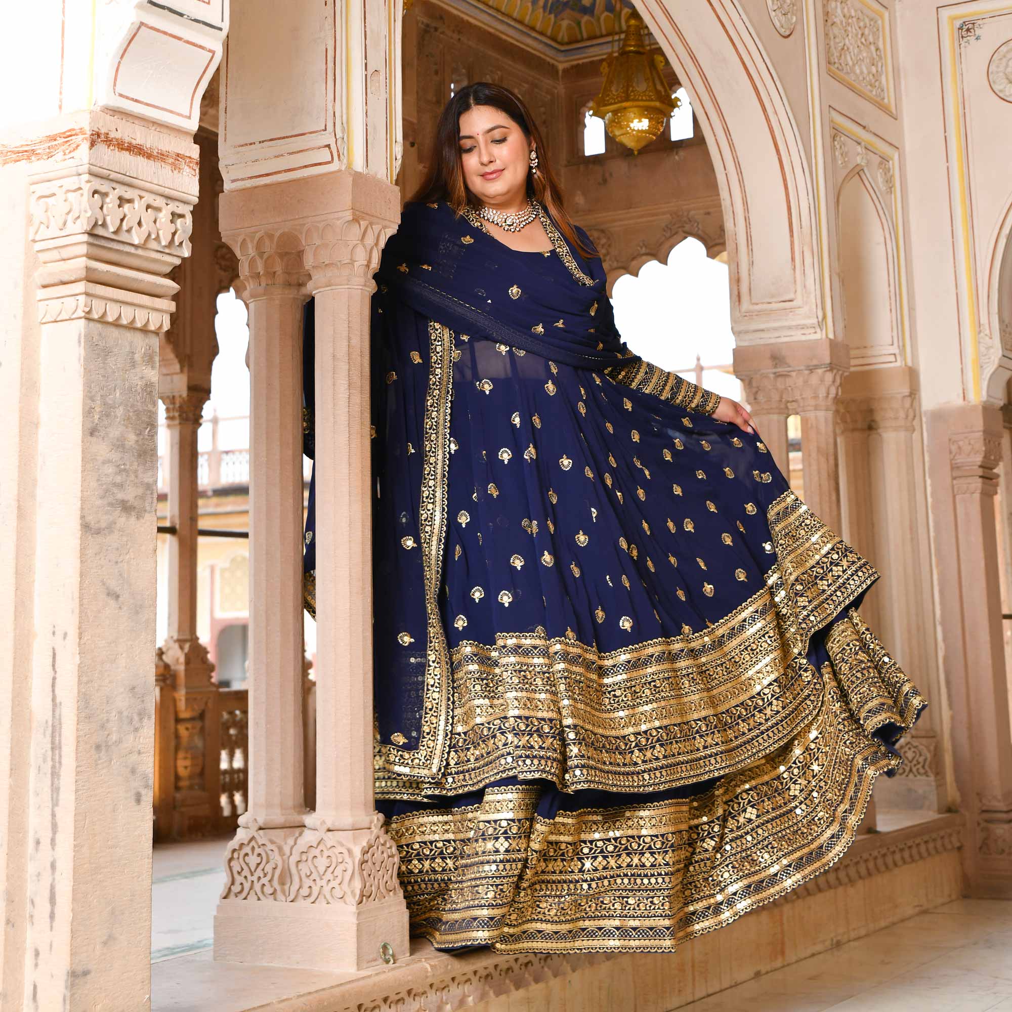 Enchanted Navy Sequin Embroidered Georgette Anarkali Lehenga Set