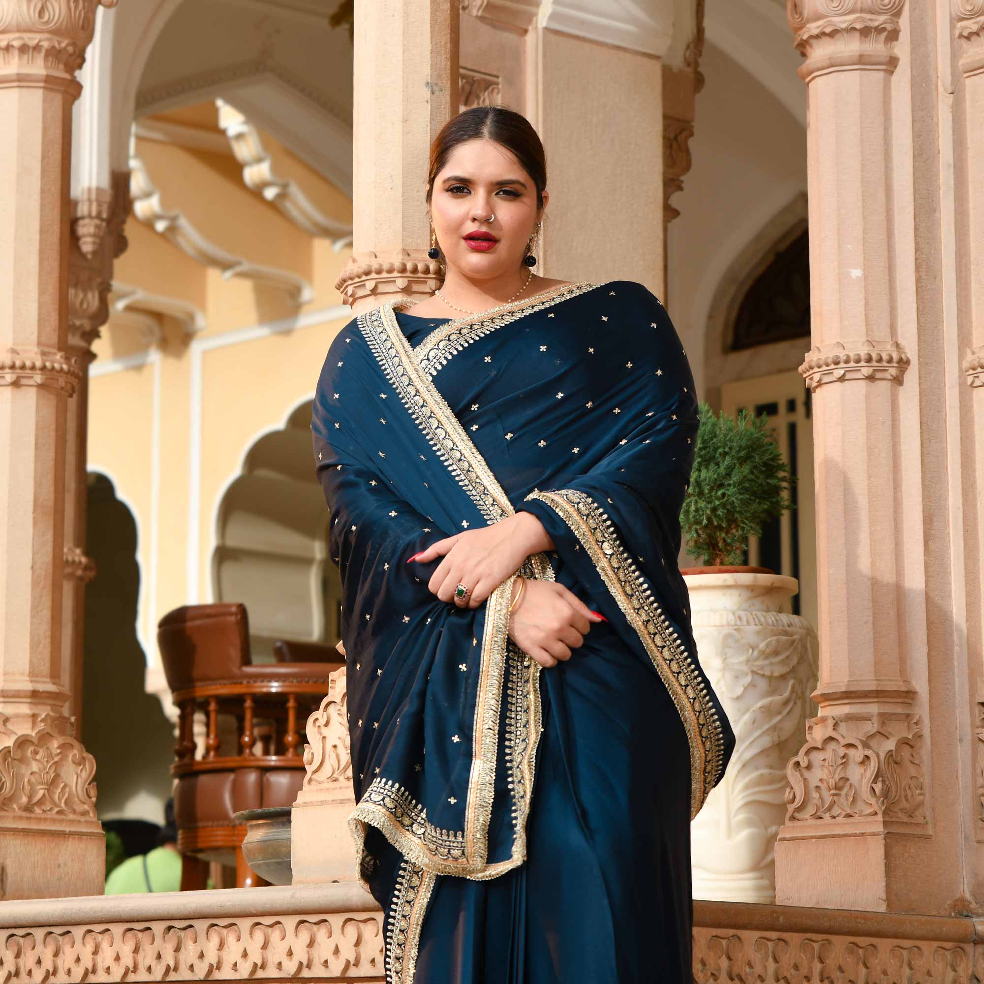 Evening Elegance Blue Sequin Embroidered Drape Saree
