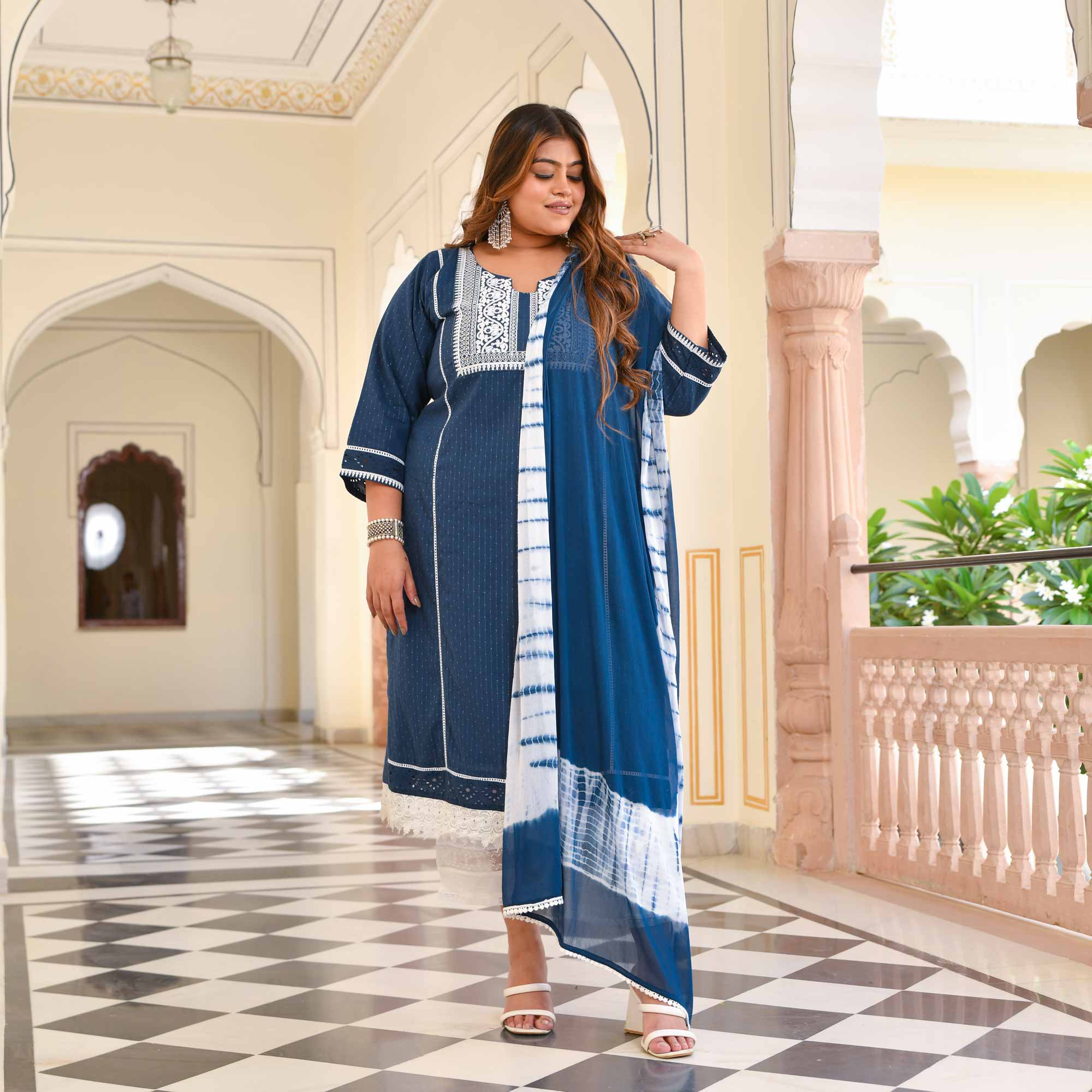 Deep Blue & White Embroidered Cotton Suit Set