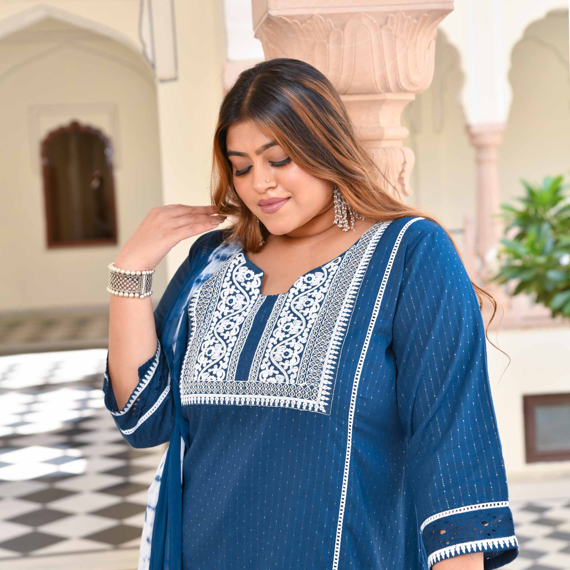 Deep Blue & White Embroidered Cotton Suit Set