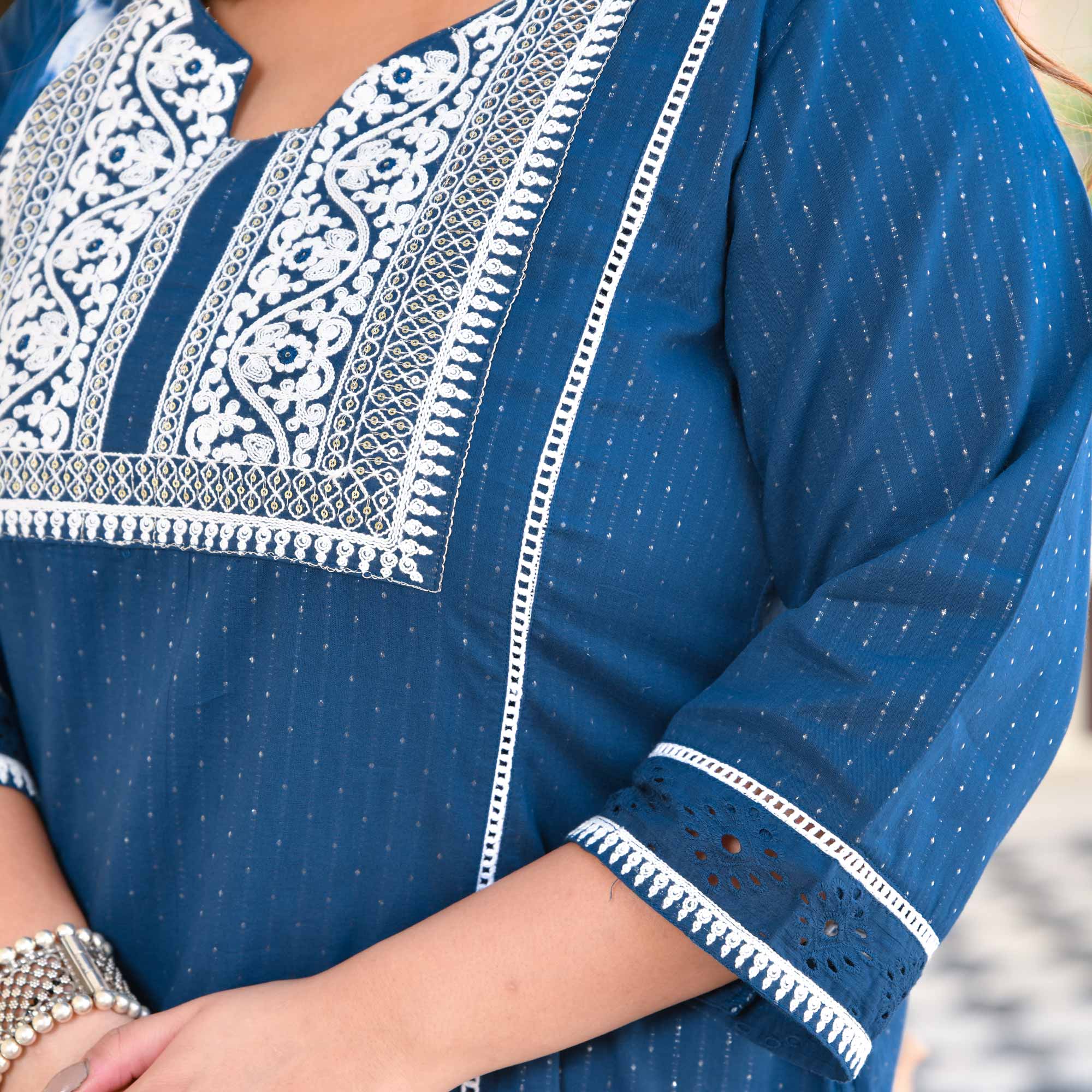 Deep Blue & White Embroidered Cotton Suit Set
