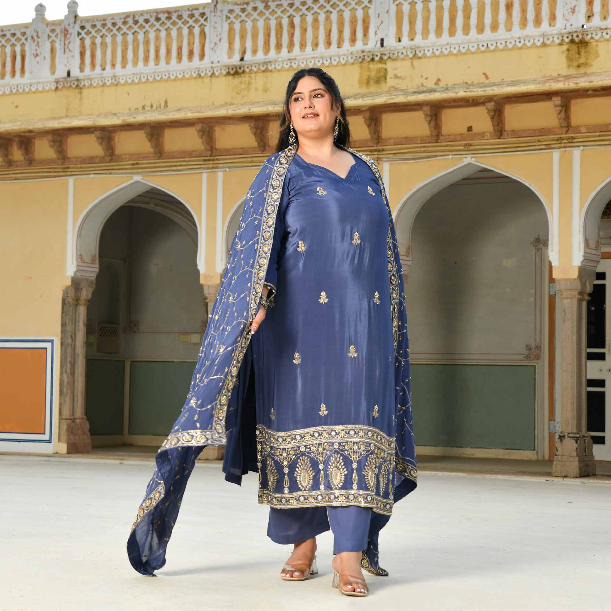 Nakashi- Steal Blue Pure Crepe Cutdana Embroidered Suit Set