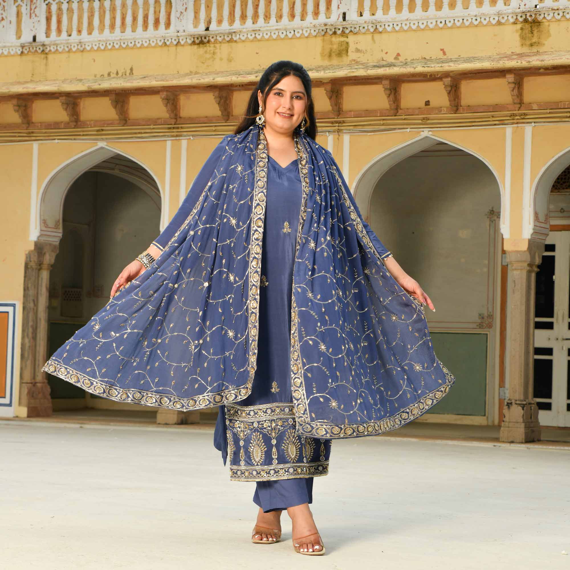 Nakashi- Steal Blue Pure Crepe Cutdana Embroidered Suit Set