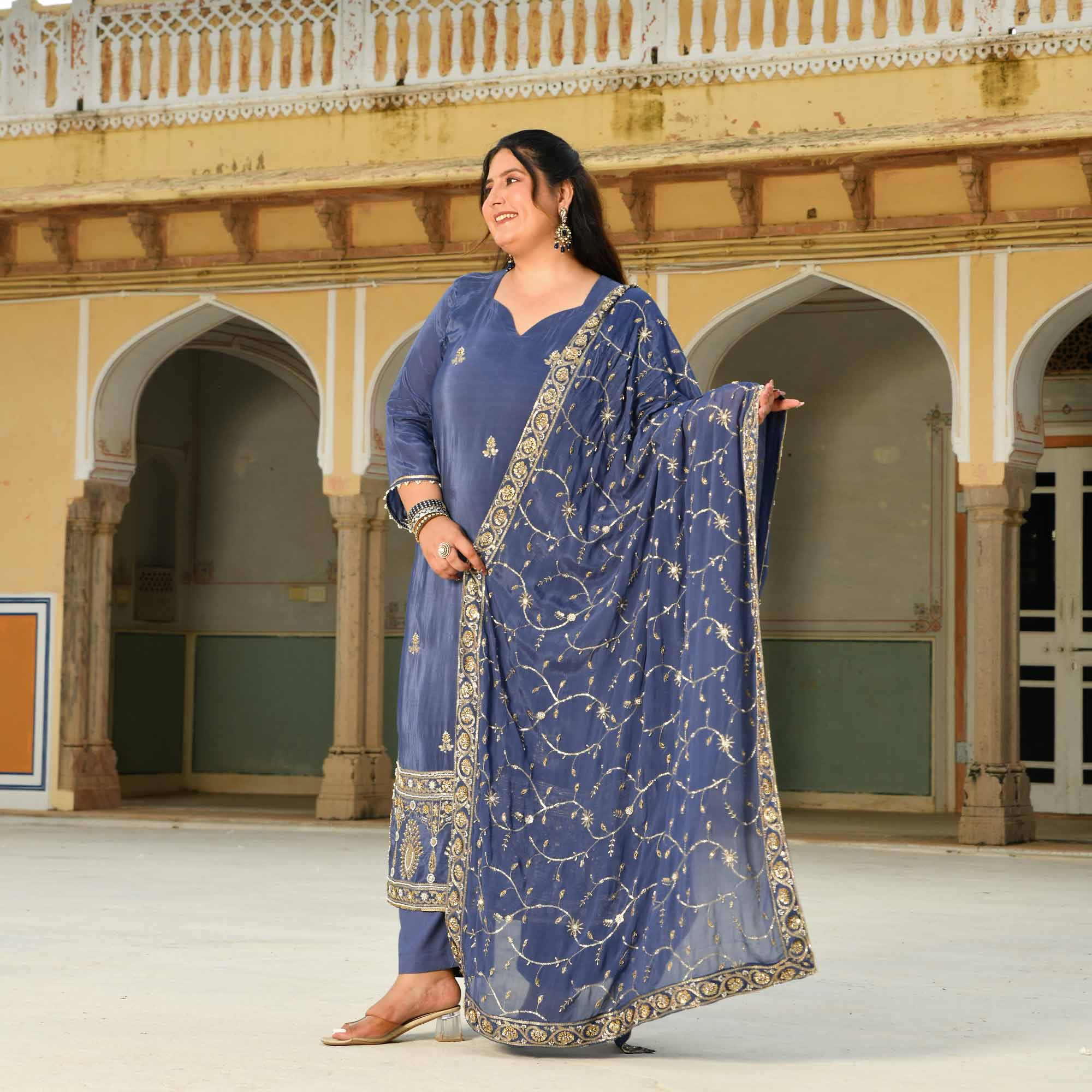 Nakashi- Steal Blue Pure Crepe Cutdana Embroidered Suit Set