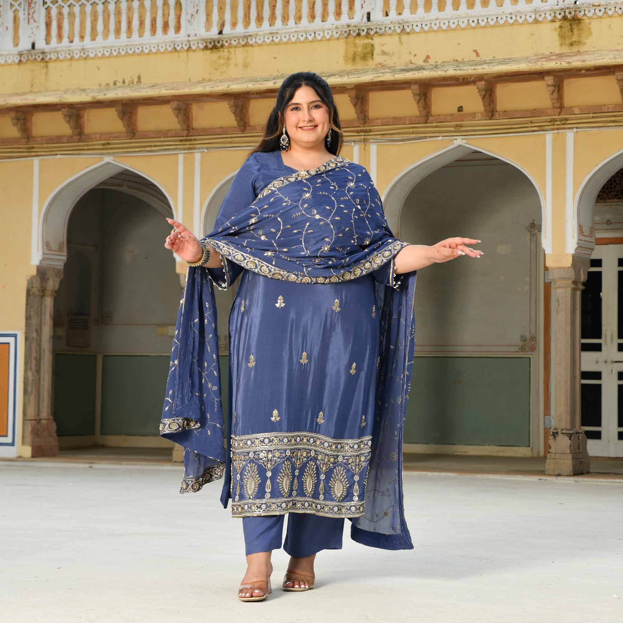 Nakashi- Steal Blue Pure Crepe Cutdana Embroidered Suit Set