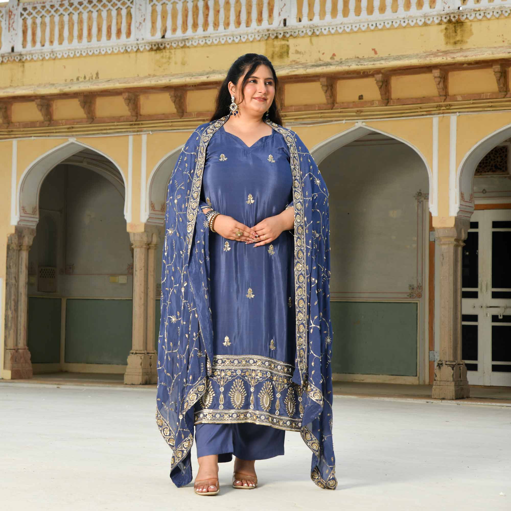 Nakashi- Steal Blue Pure Crepe Cutdana Embroidered Suit Set