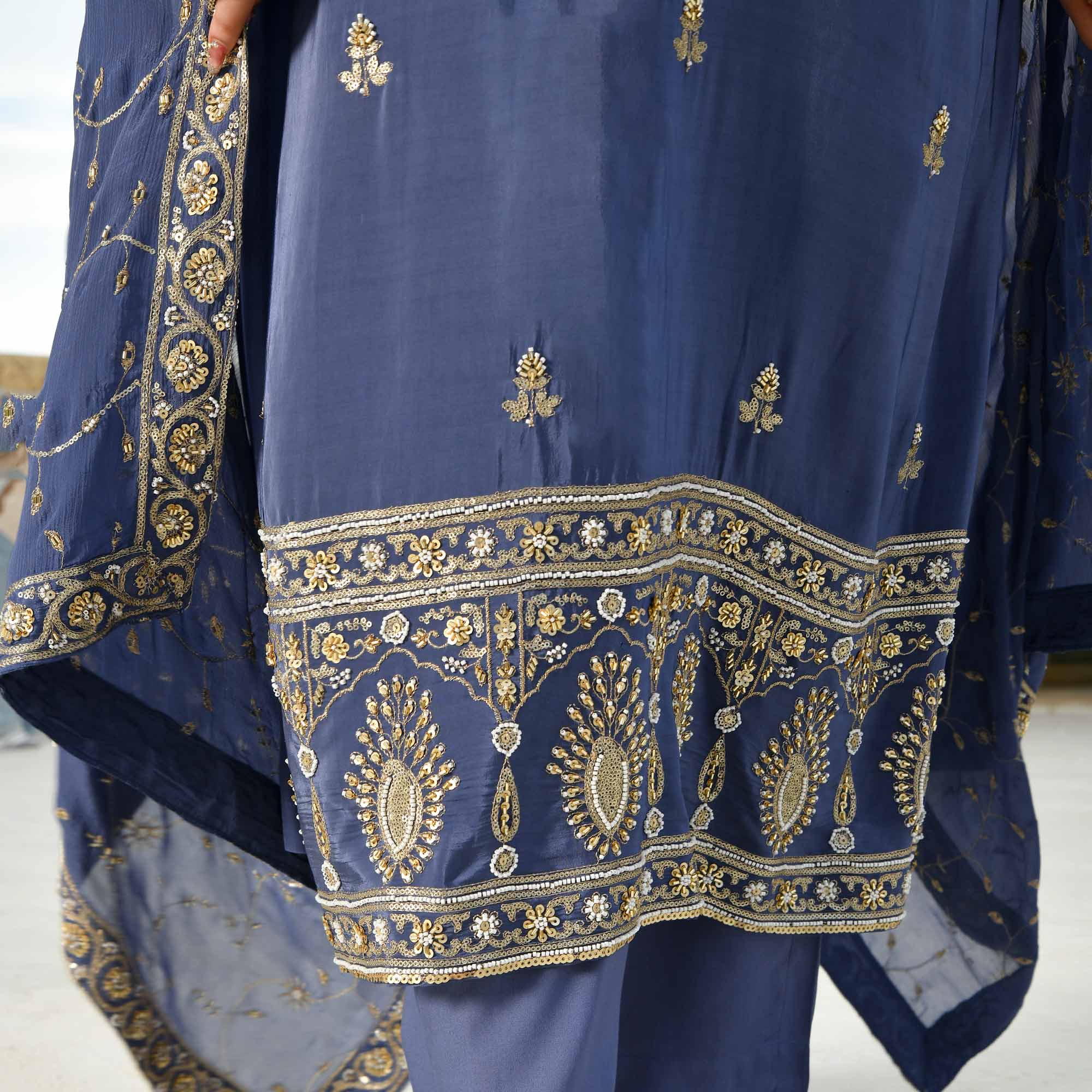 Nakashi- Steal Blue Pure Crepe Cutdana Embroidered Suit Set