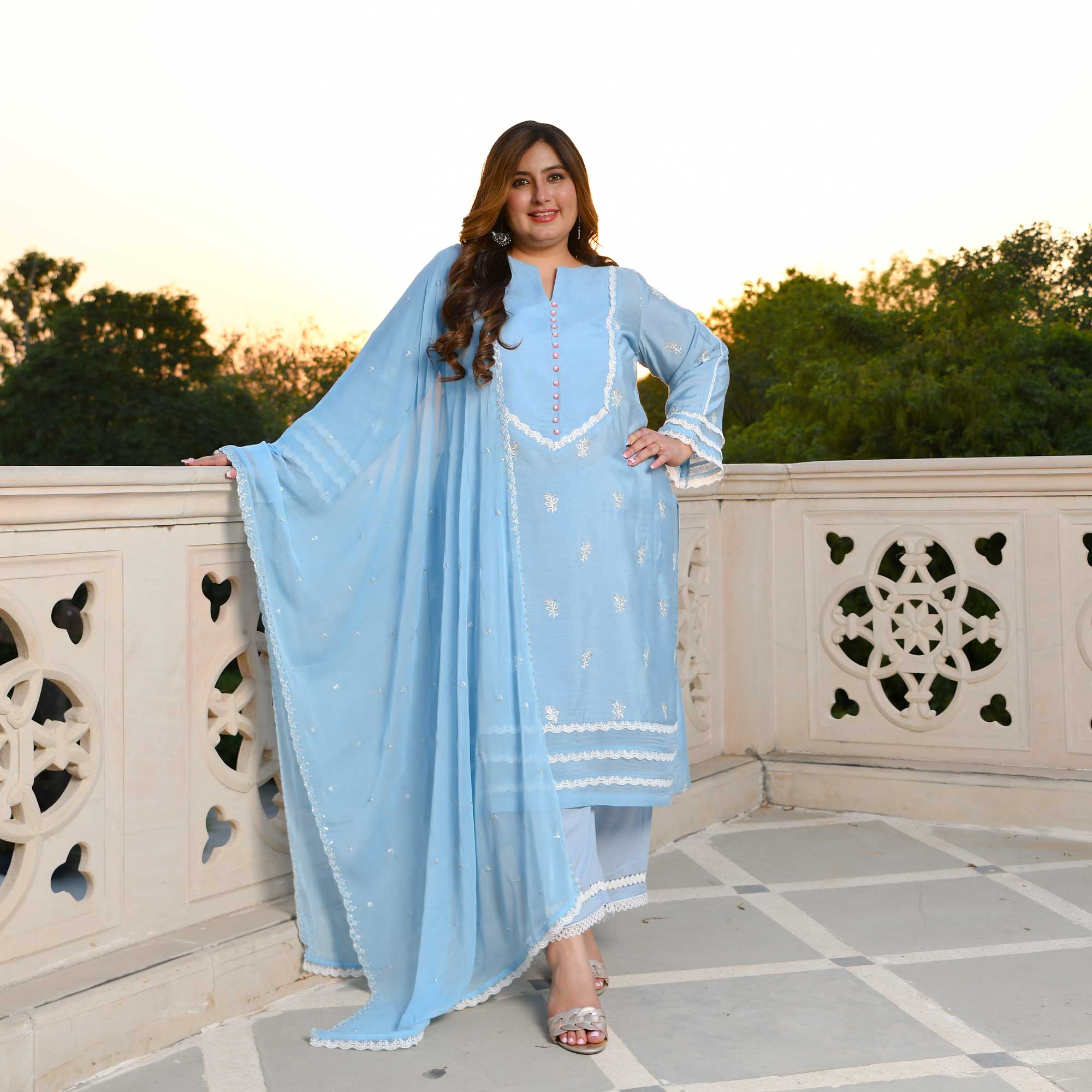 Casper Blue Thread Embroidered Muslin Suit Set