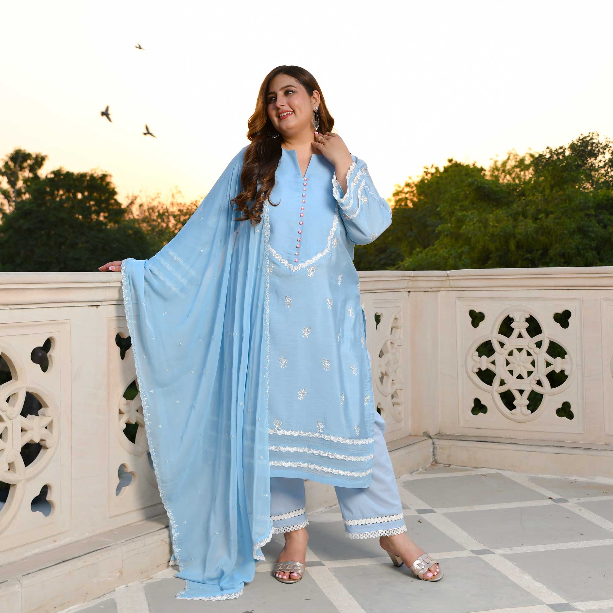 Casper Blue Thread Embroidered Muslin Suit Set