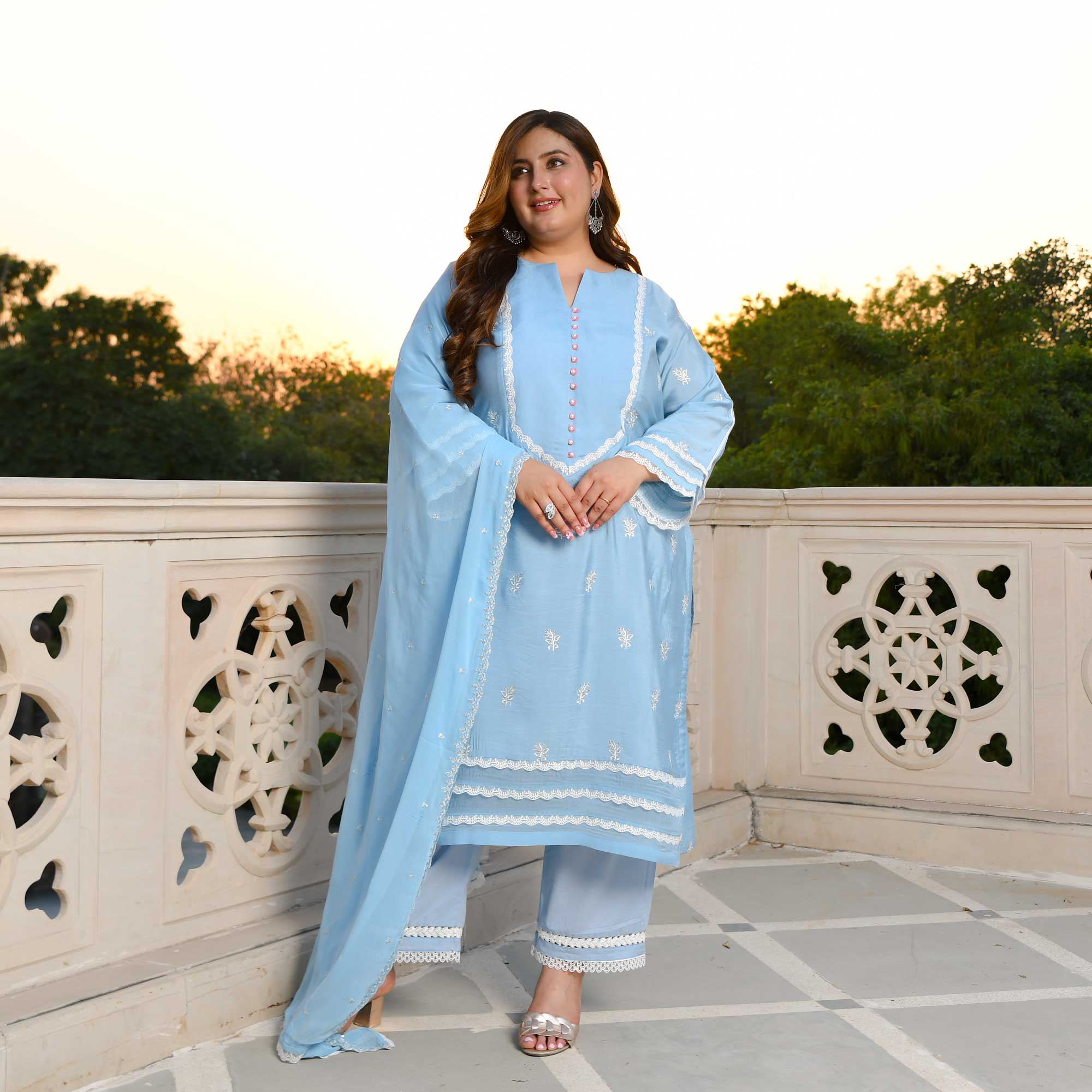 Casper Blue Thread Embroidered Muslin Suit Set