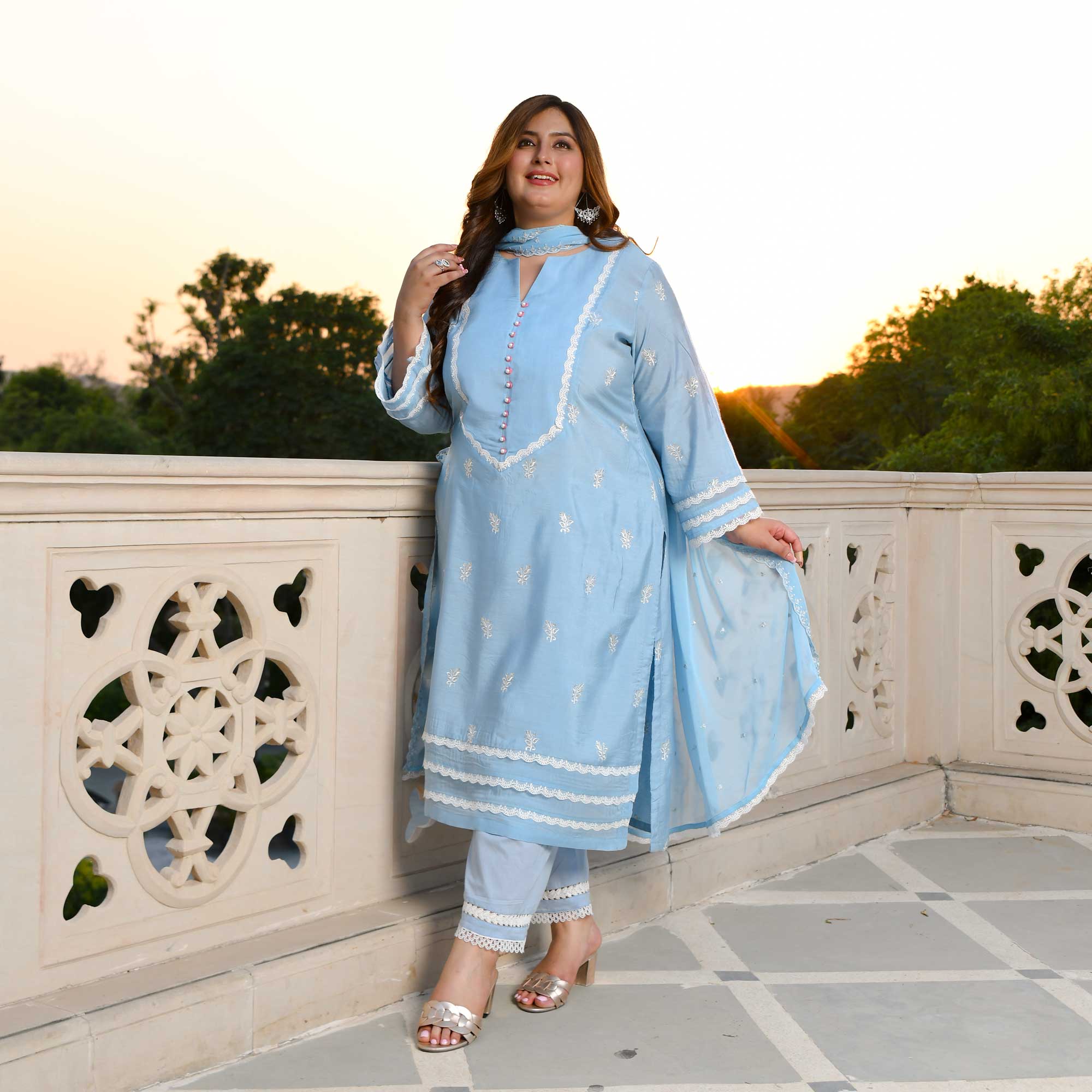 Casper Blue Thread Embroidered Muslin Suit Set