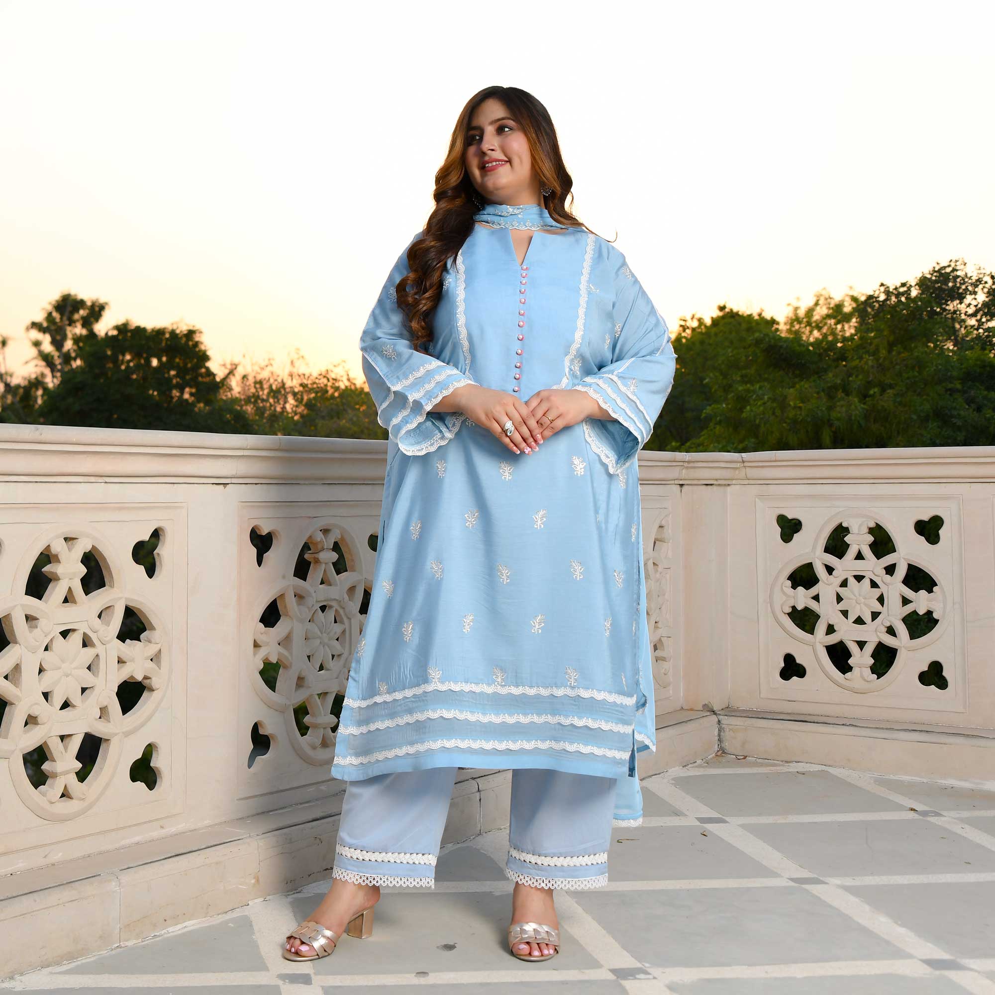 Casper Blue Thread Embroidered Muslin Suit Set