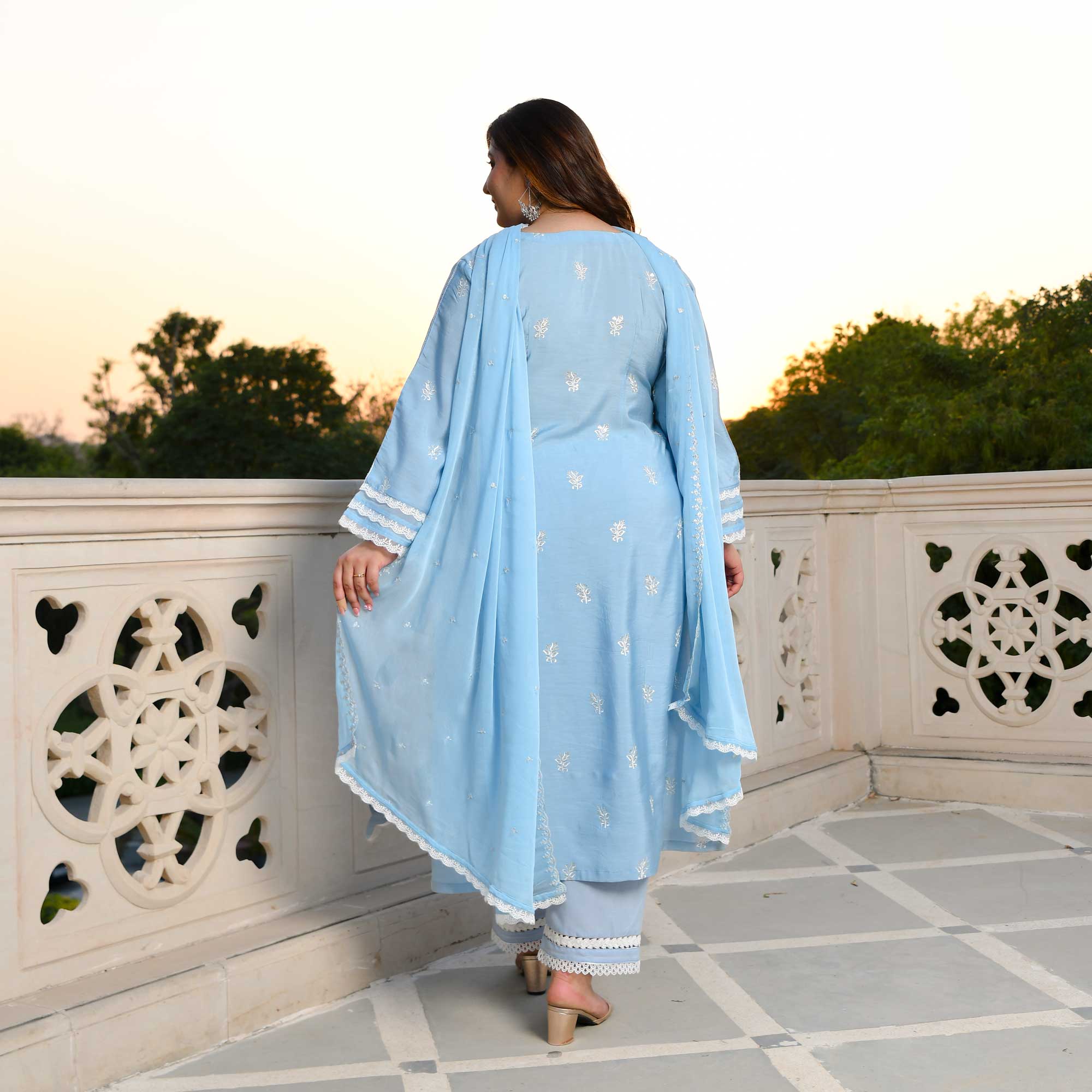 Casper Blue Thread Embroidered Muslin Suit Set