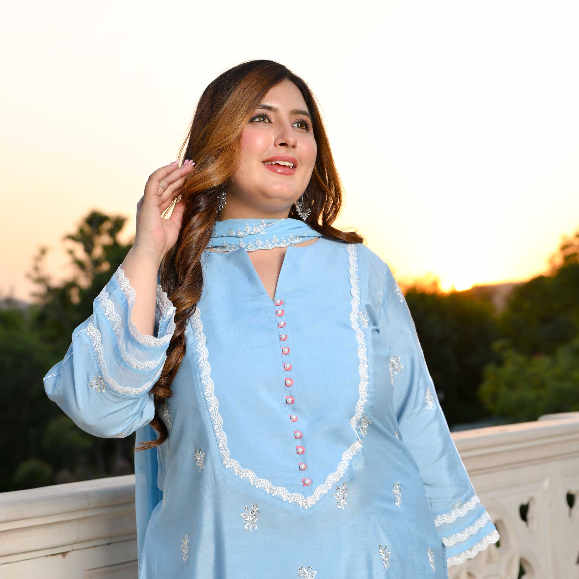 Casper Blue Thread Embroidered Muslin Suit Set