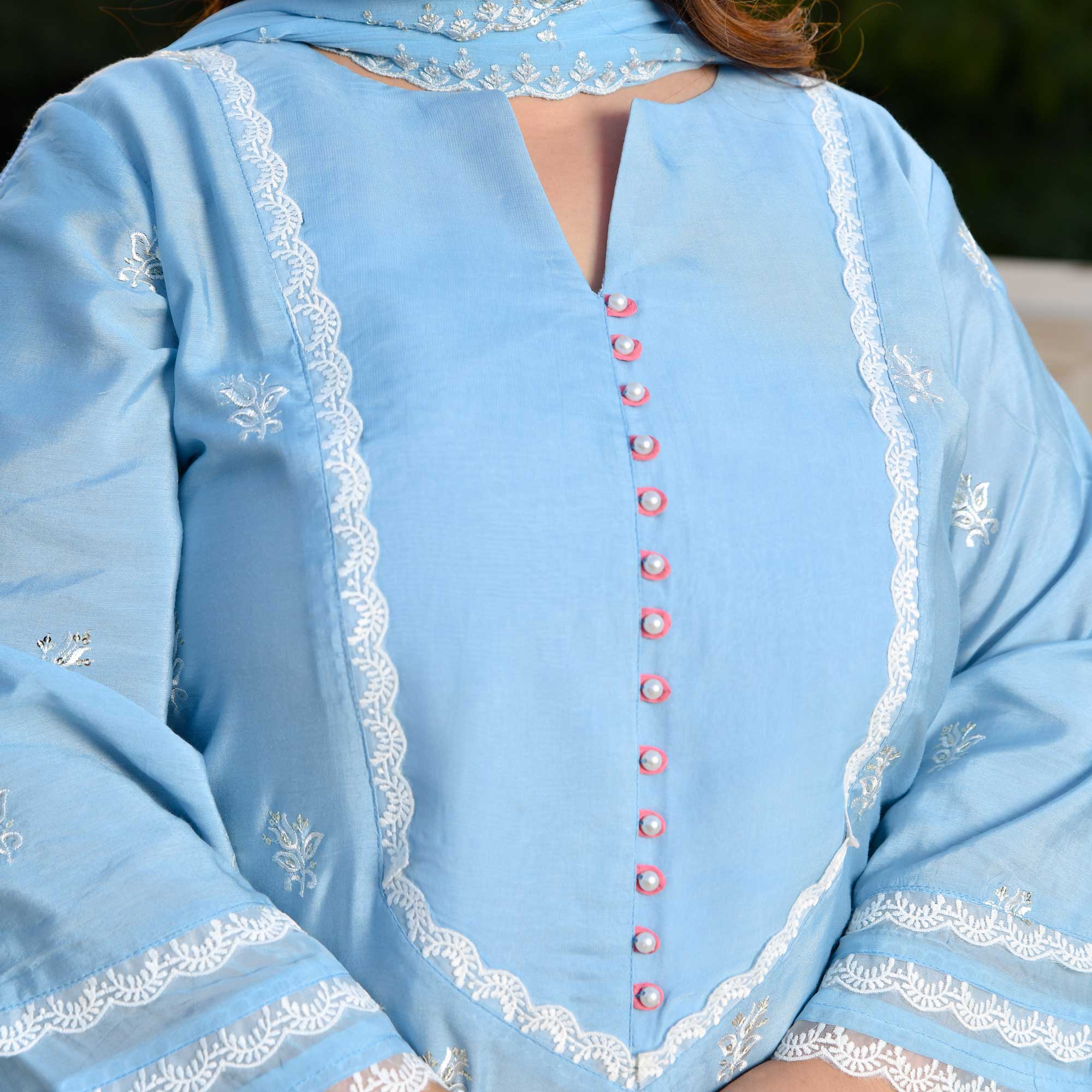 Casper Blue Thread Embroidered Muslin Suit Set