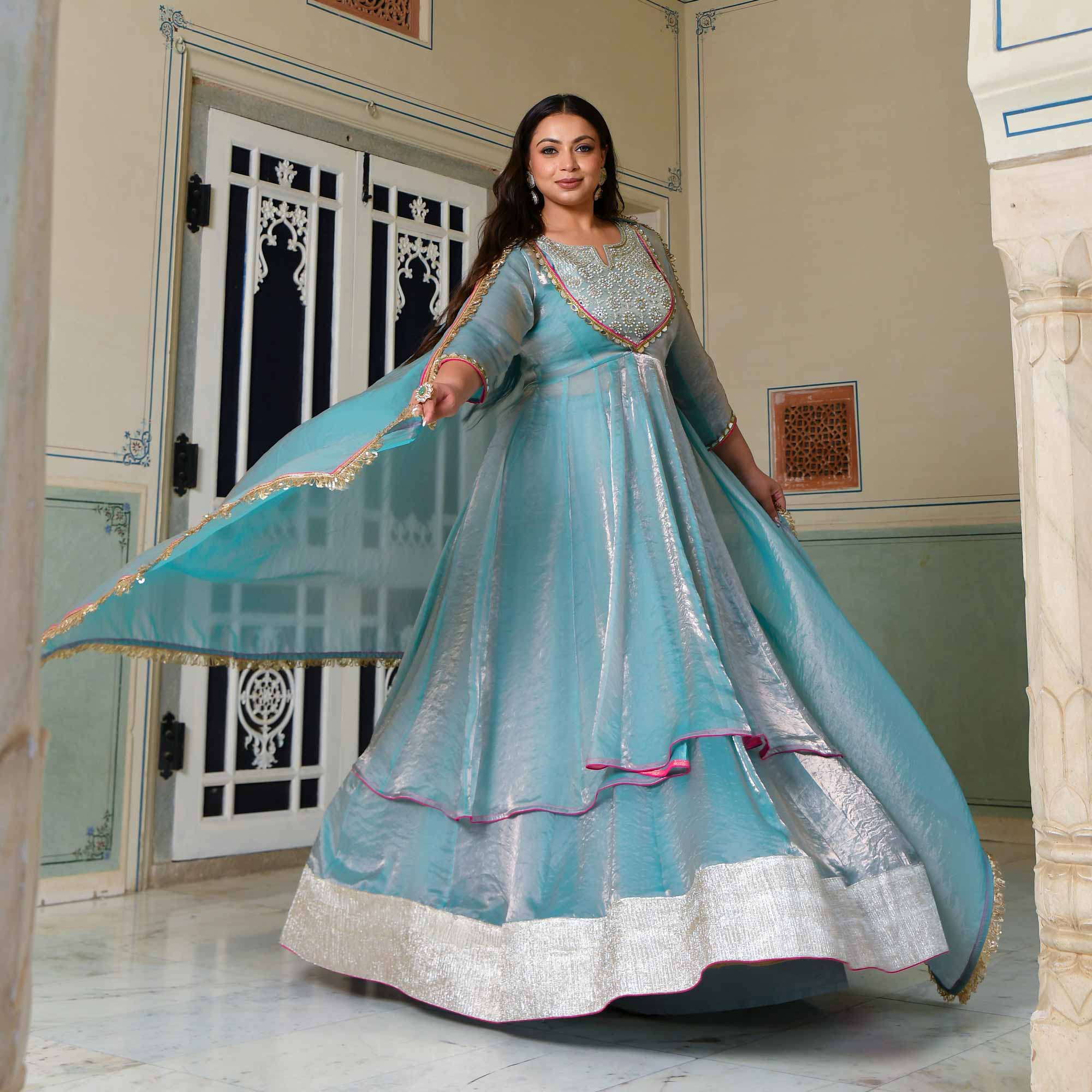 Aasman Ka Moti - Sky Blue Tissue Silk Embroidered Cape Set