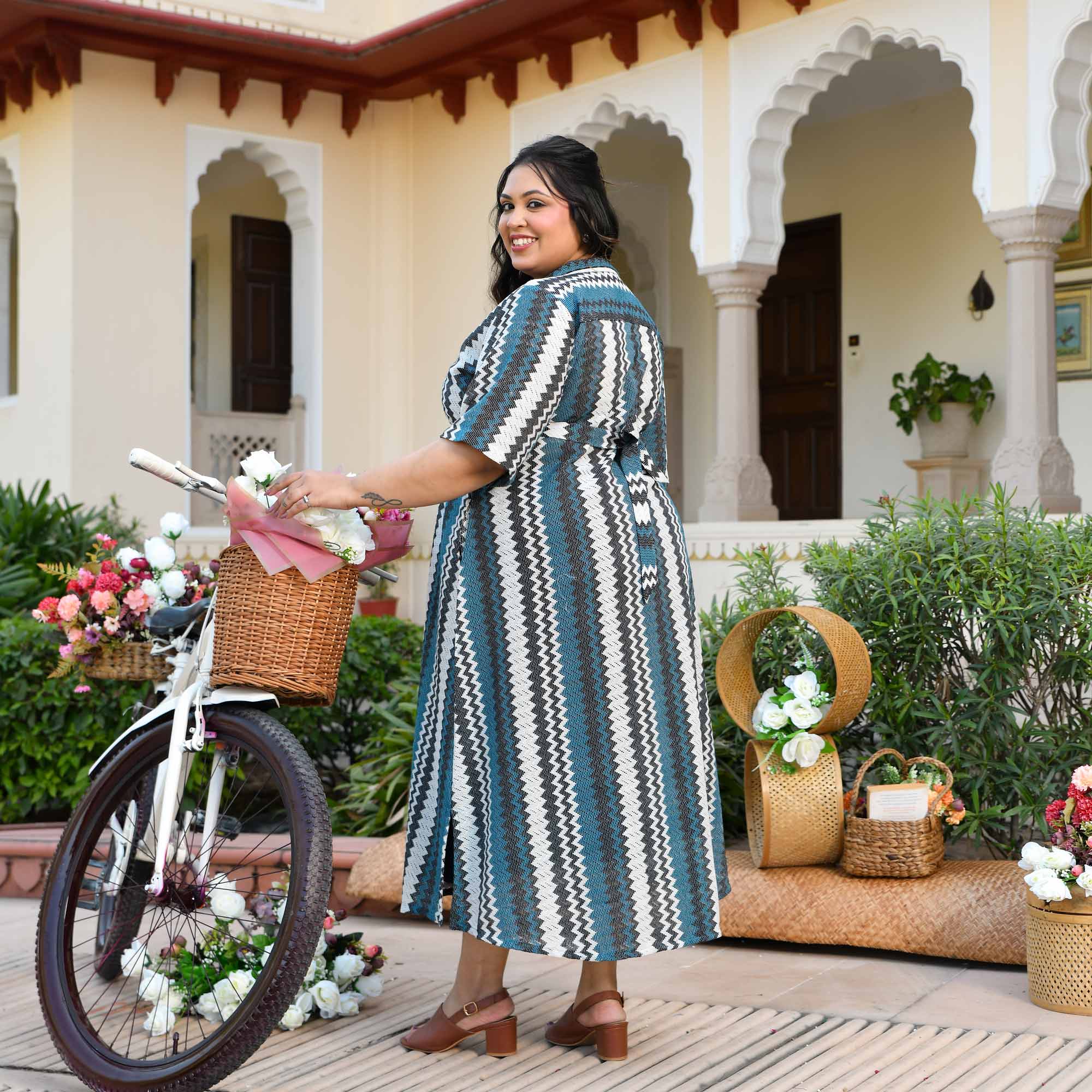 Barcelona- Waves in Blue Cotton Knitted Shirt Dress