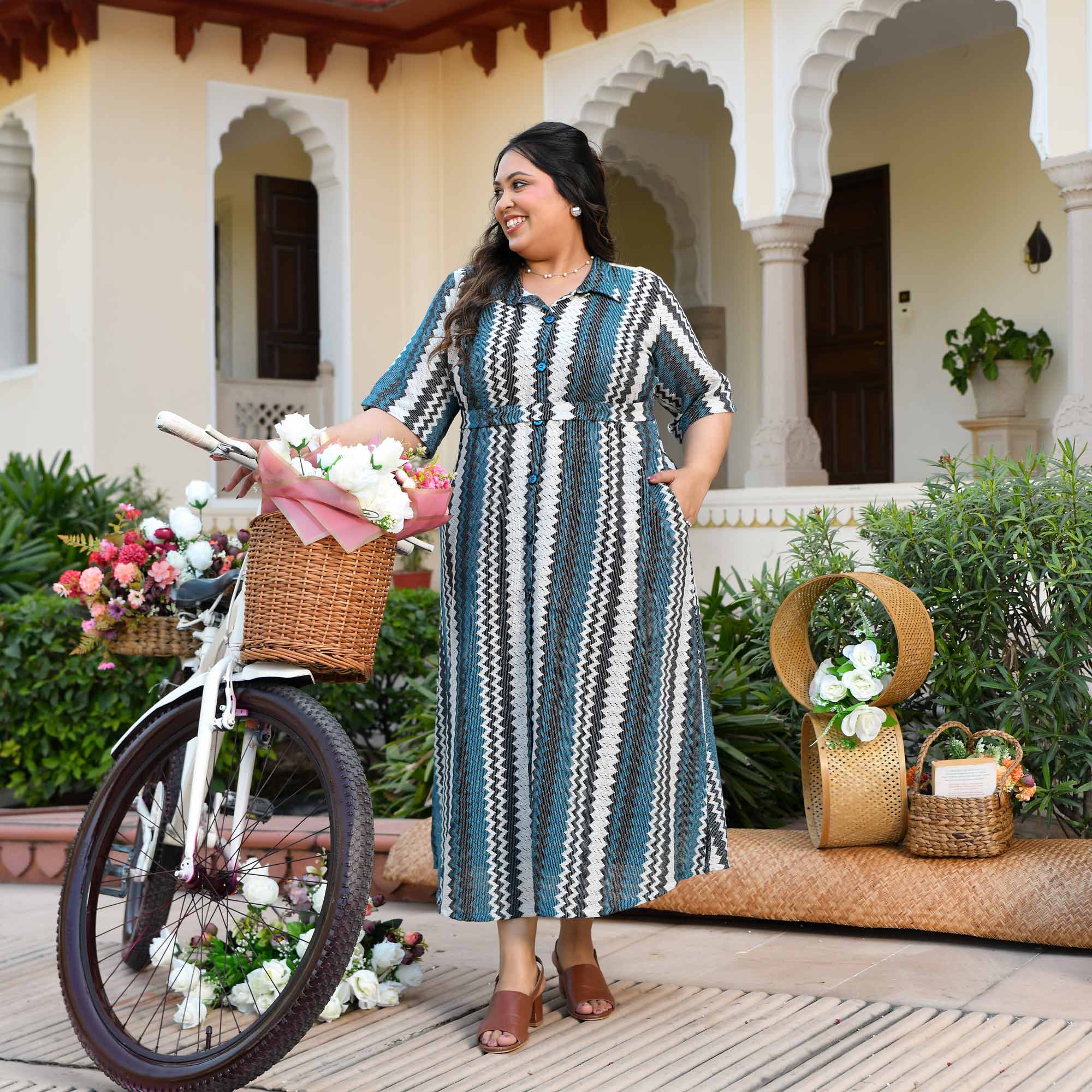 Barcelona- Waves in Blue Cotton Knitted Shirt Dress