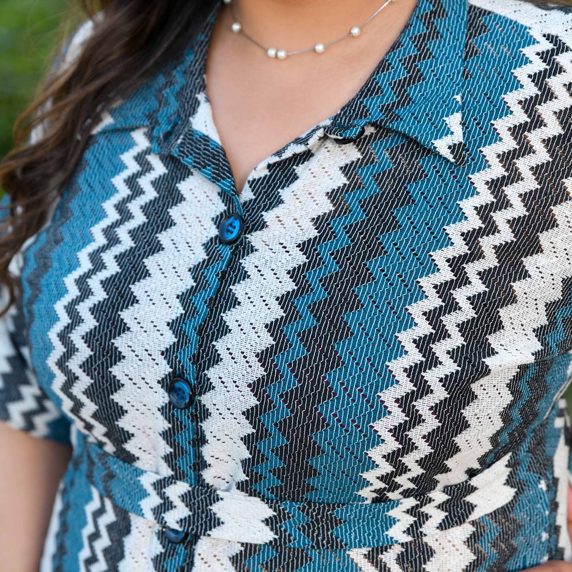 Barcelona- Waves in Blue Cotton Knitted Shirt Dress