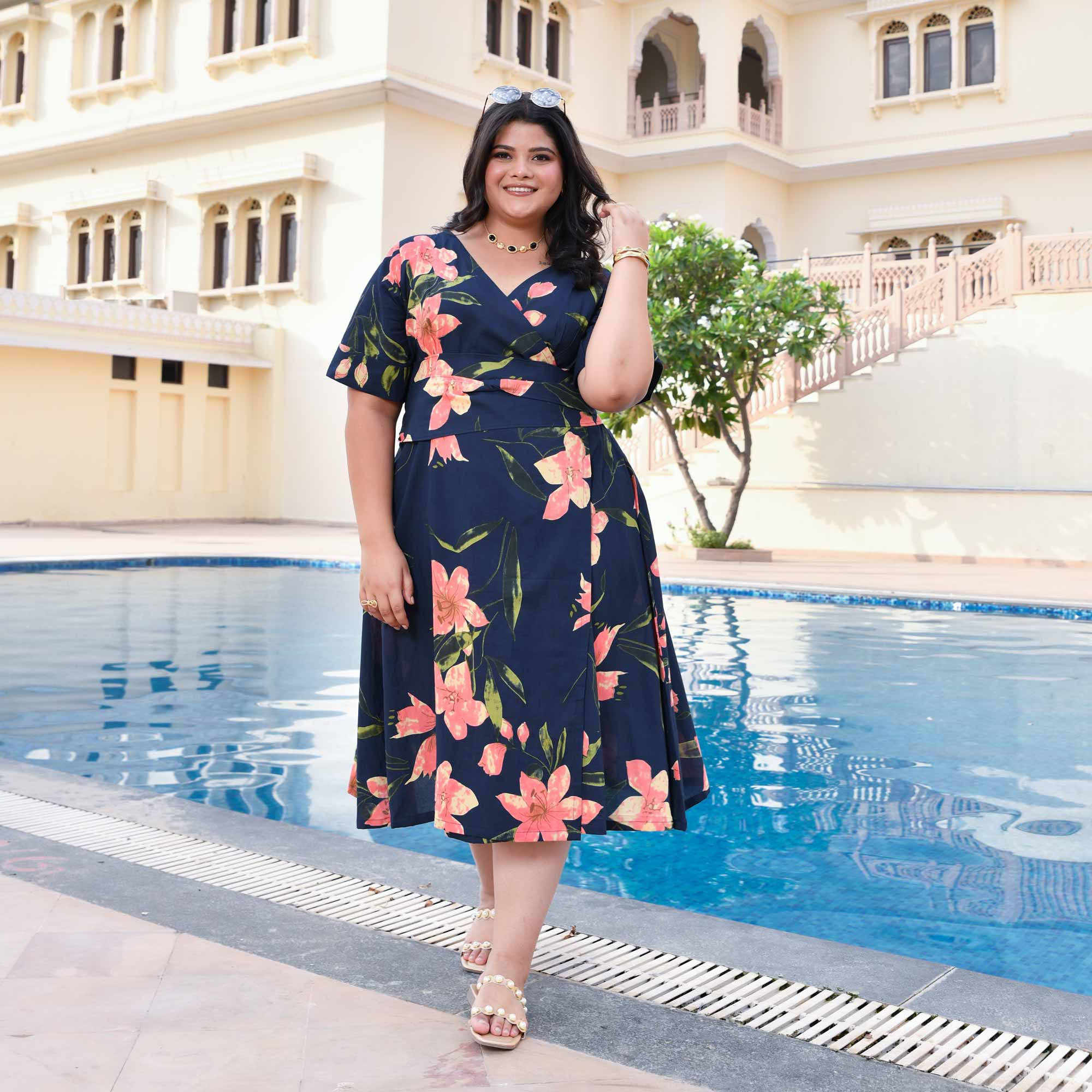 Navy And Peach Petal Delight Cotton Drape Dress