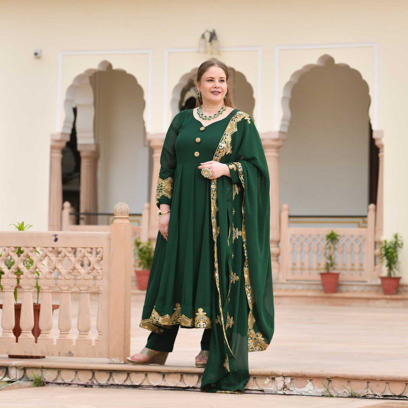 Imperial Green & Gold Embroidered Georgette Anarkali