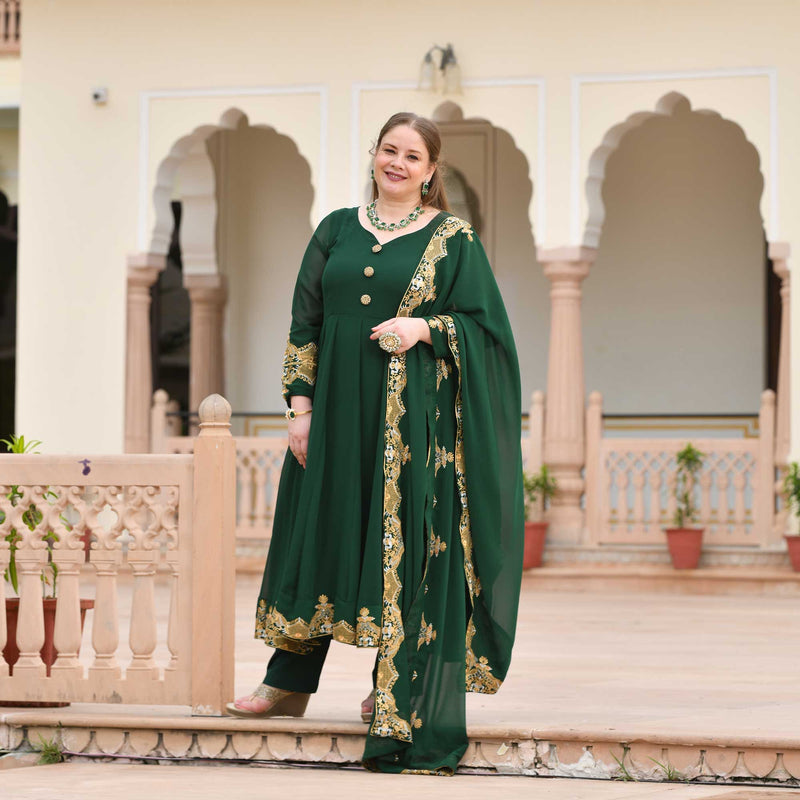 Imperial Green & Gold Embroidered Georgette Anarkali