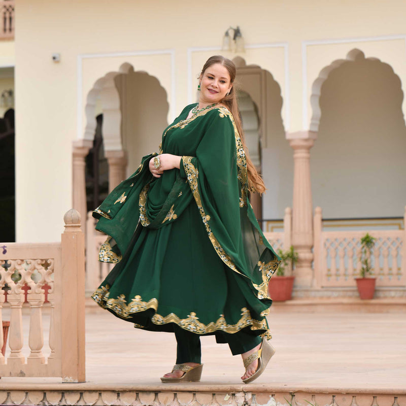 Imperial Green & Gold Embroidered Georgette Anarkali