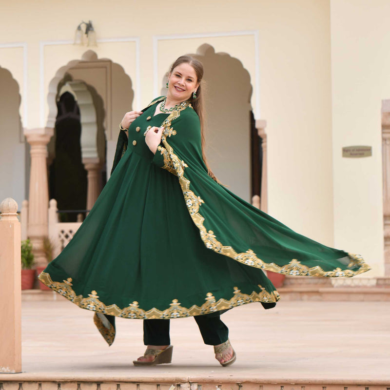 Imperial Green & Gold Embroidered Georgette Anarkali