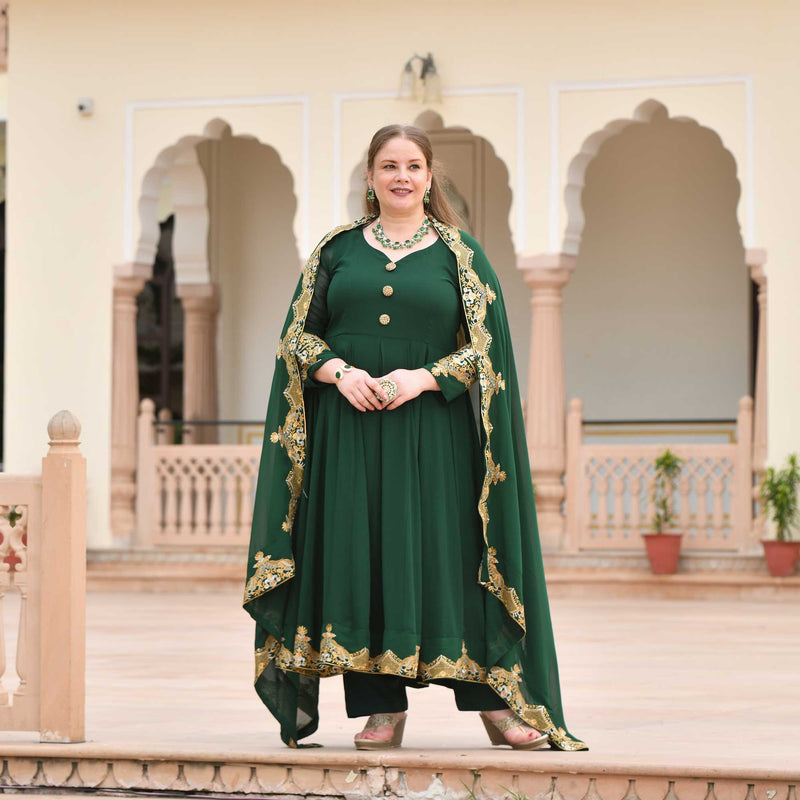 Imperial Green & Gold Embroidered Georgette Anarkali