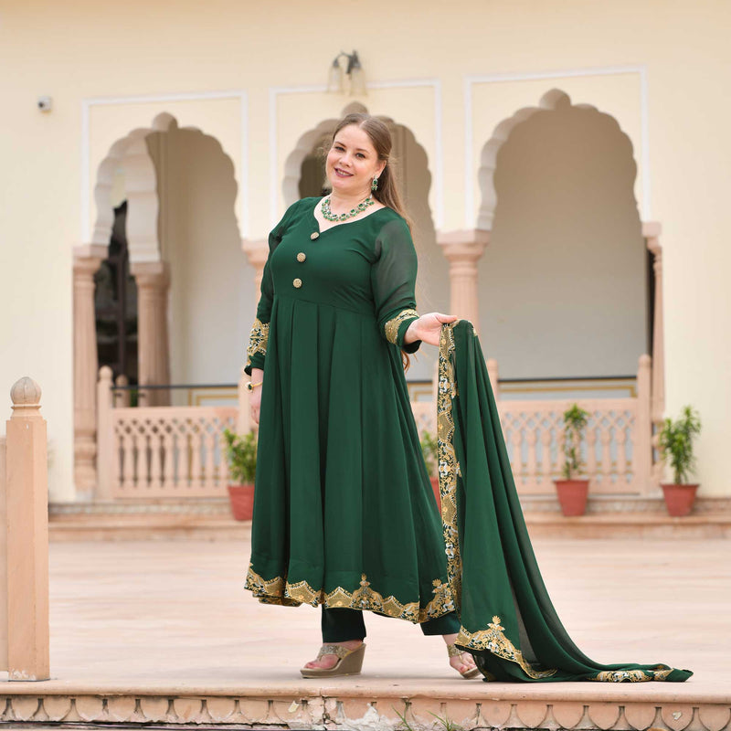 Imperial Green & Gold Embroidered Georgette Anarkali