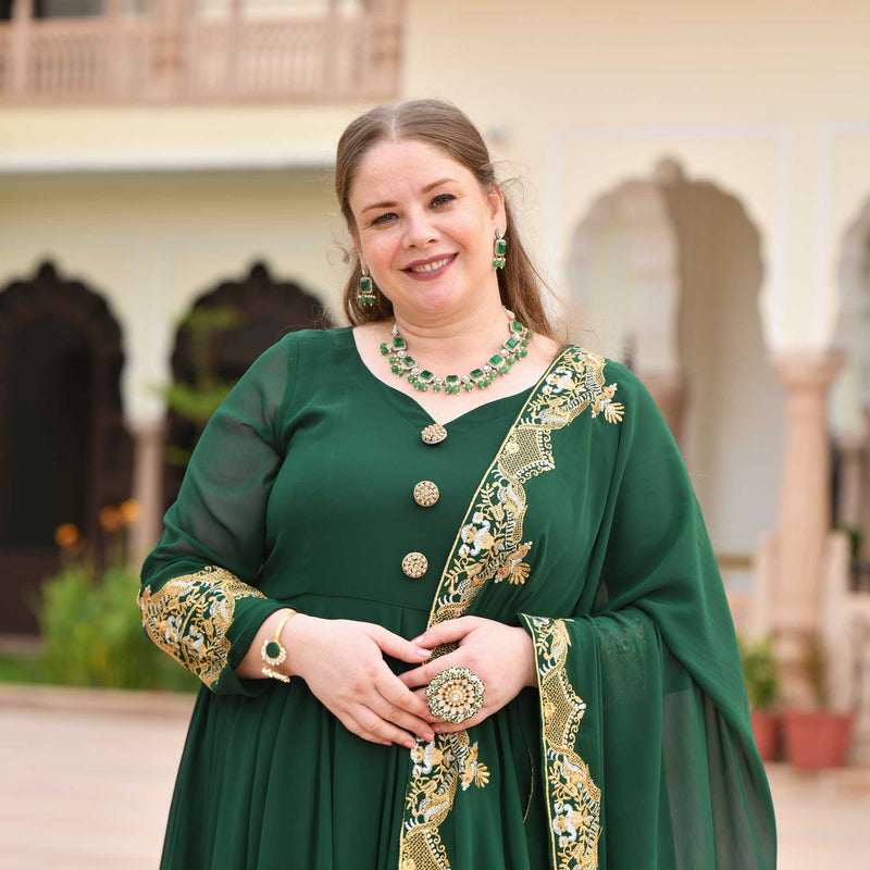 Imperial Green & Gold Embroidered Georgette Anarkali