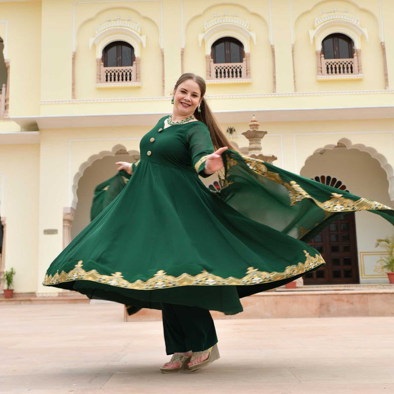 Imperial Green & Gold Embroidered Georgette Anarkali
