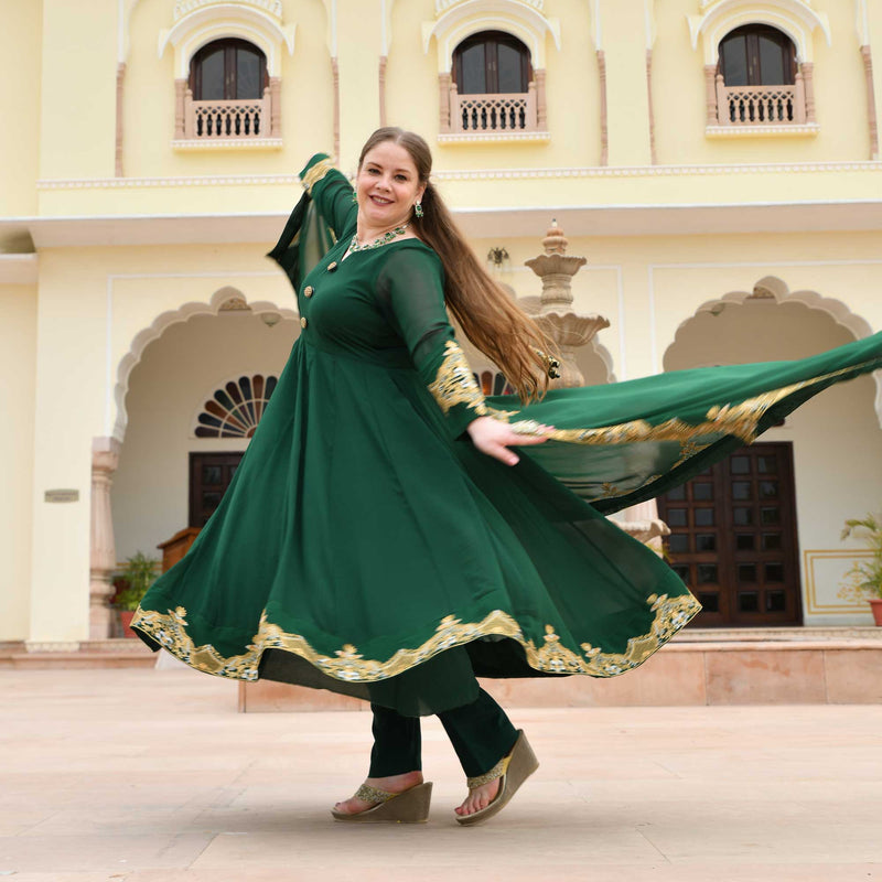 Imperial Green & Gold Embroidered Georgette Anarkali