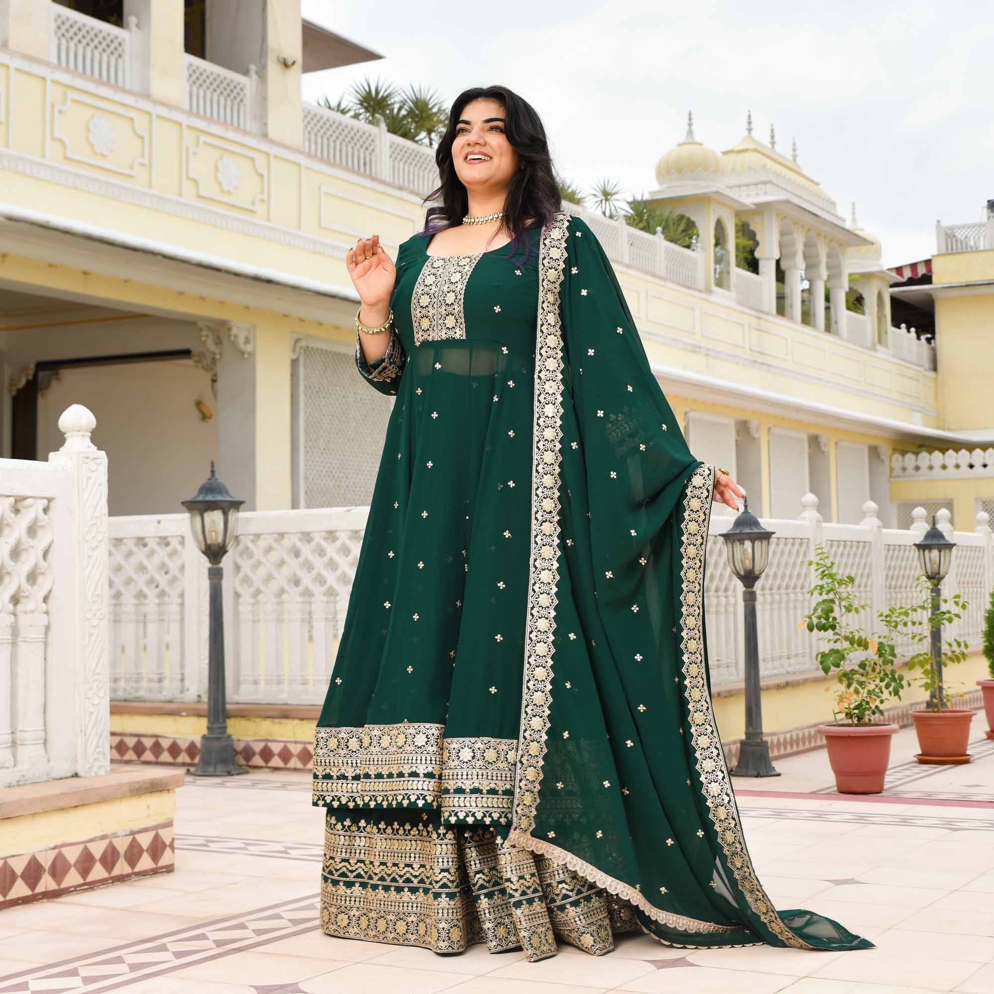 Ghevar- Peacock Green Georgette Embroidered Anarkali Lehenga Set