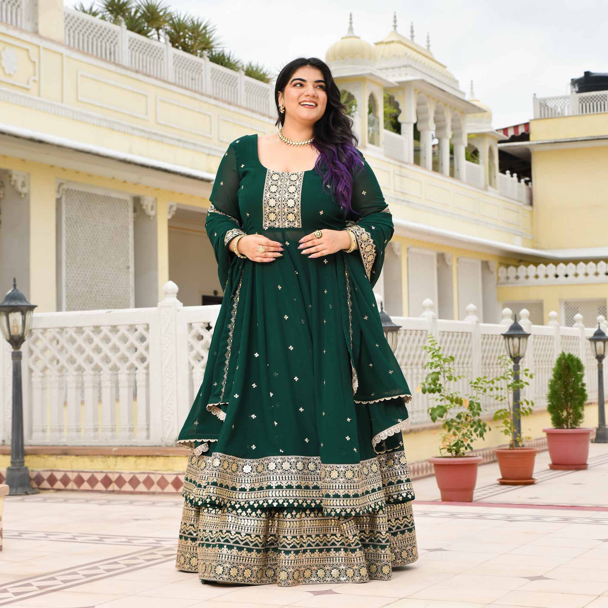 Ghevar- Peacock Green Georgette Embroidered Anarkali Lehenga Set