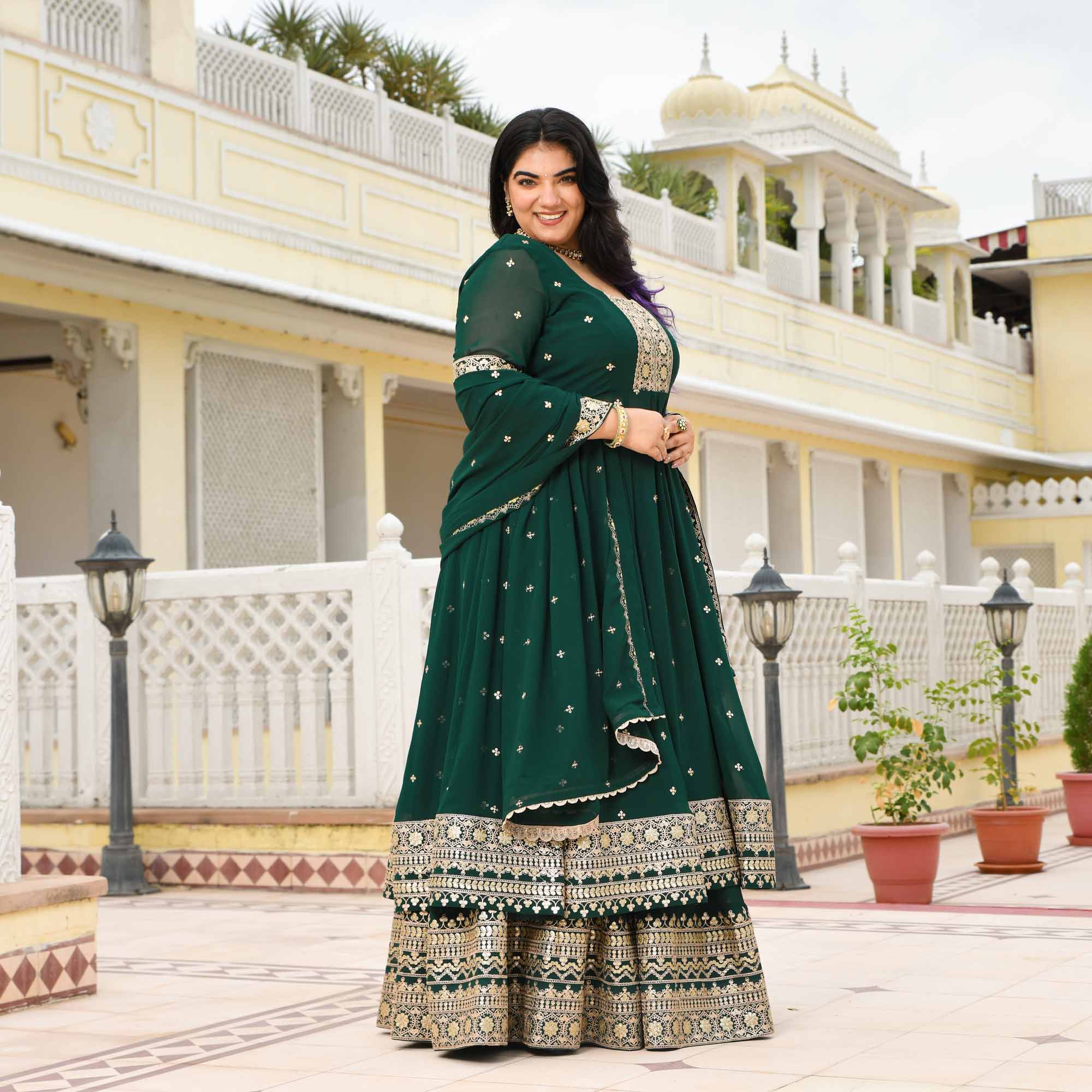 Ghevar- Peacock Green Georgette Embroidered Anarkali Lehenga Set