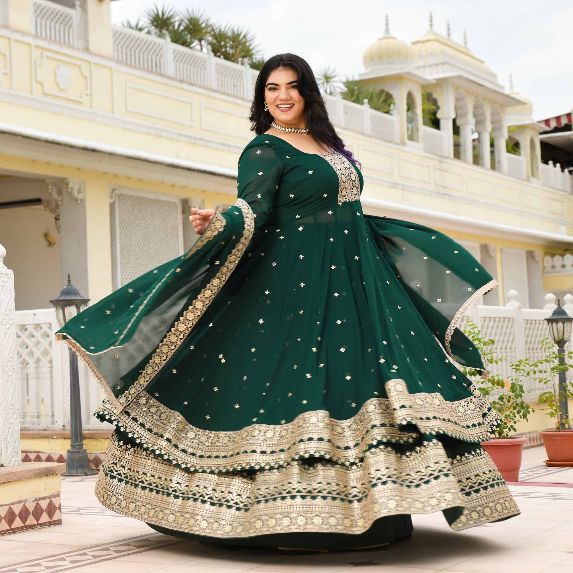 Ghevar- Peacock Green Georgette Embroidered Anarkali Lehenga Set