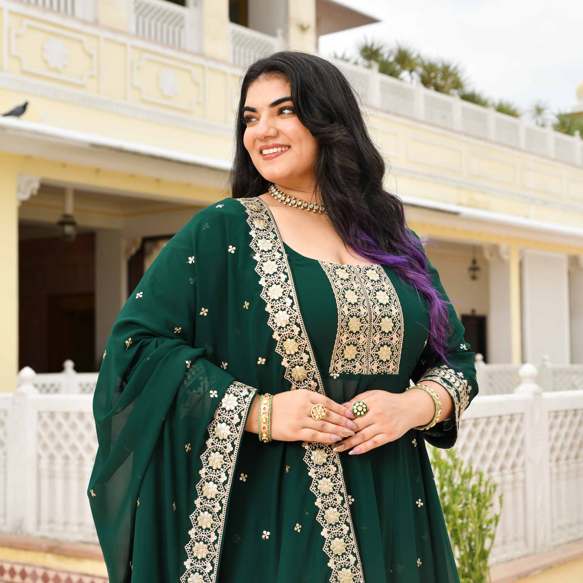 Ghevar- Peacock Green Georgette Embroidered Anarkali Lehenga Set