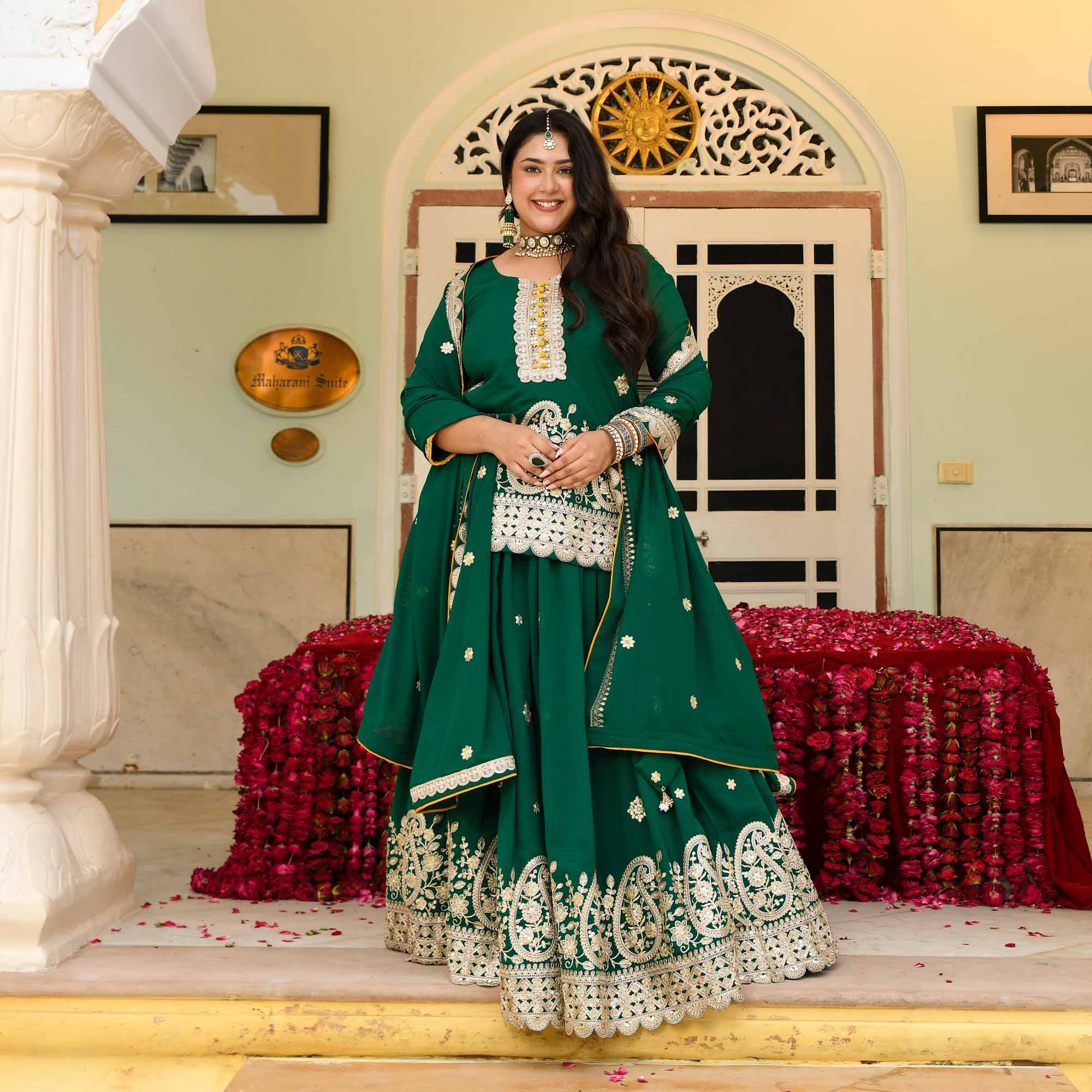 Pan Petha- Dark Green Paisley Embroidered Georgette Lehenga Set