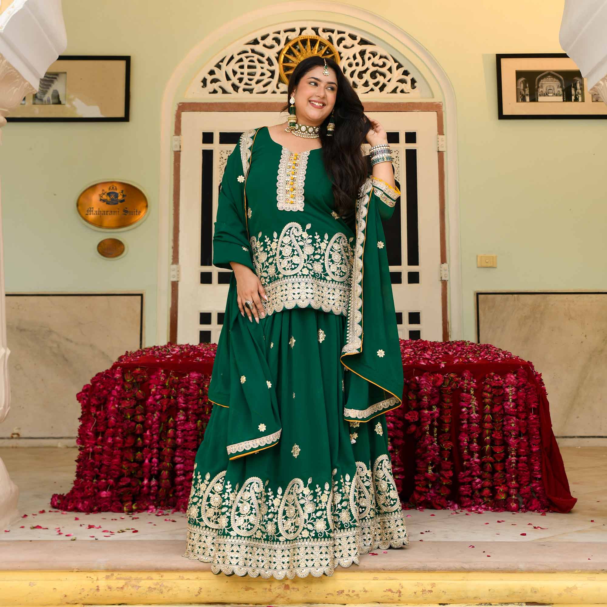 Pan Petha- Dark Green Paisley Embroidered Georgette Lehenga Set