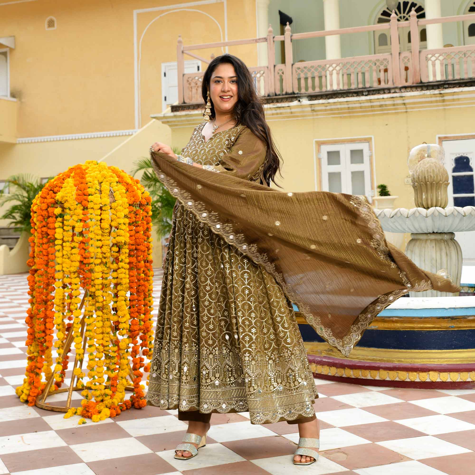 Mohabaatein- Antique Bronze Pure Tissue Crush Sequin Embroidered Anarkali Set