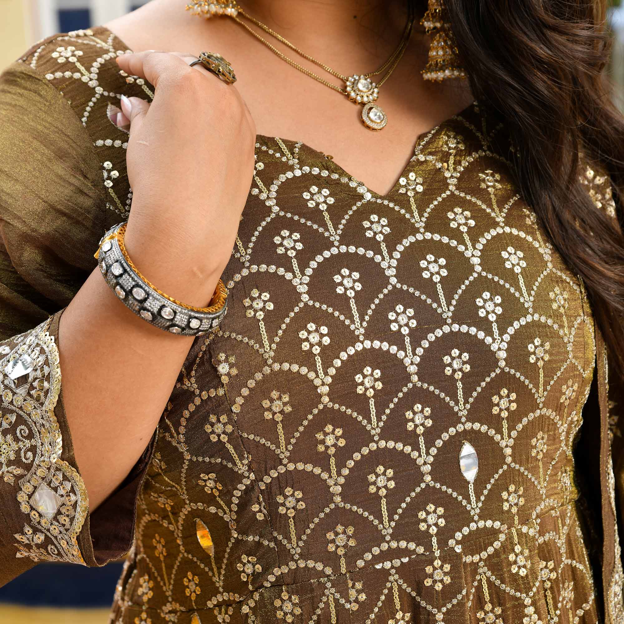 Mohabaatein- Antique Bronze Pure Tissue Crush Sequin Embroidered Anarkali Set