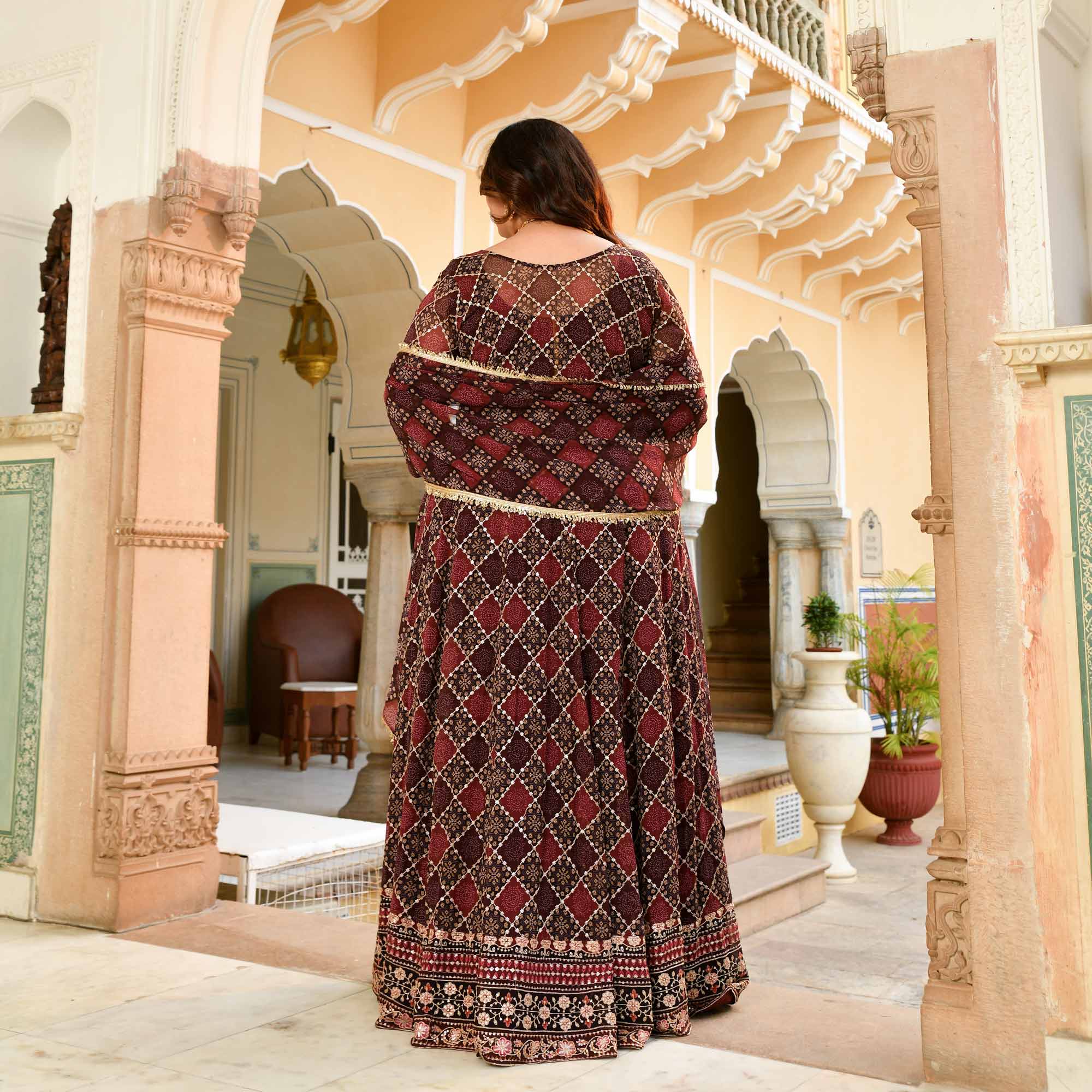 Koffee- Shades of Brown Fusion Print Zari Embroidered Cape Set