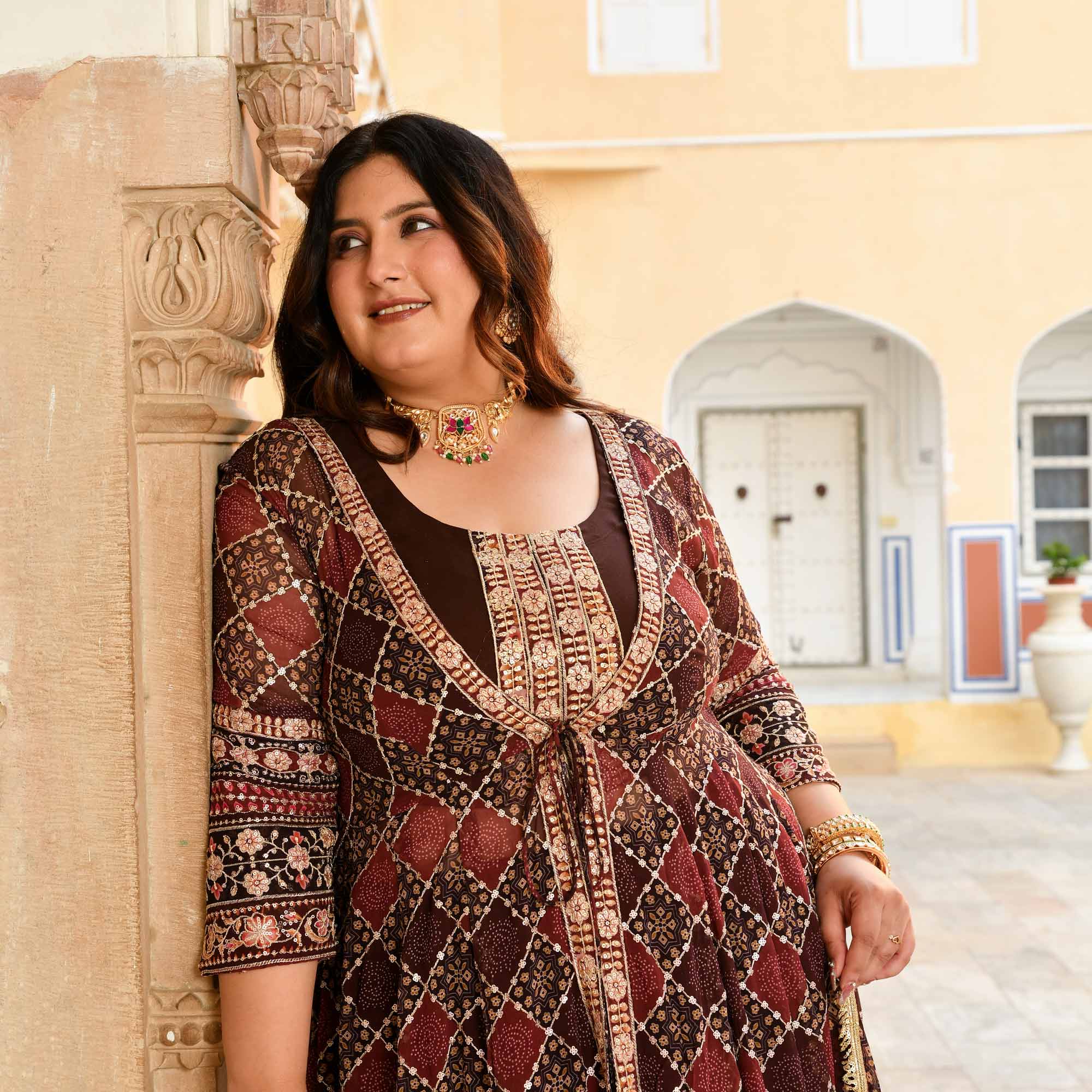 Koffee- Shades of Brown Fusion Print Zari Embroidered Cape Set