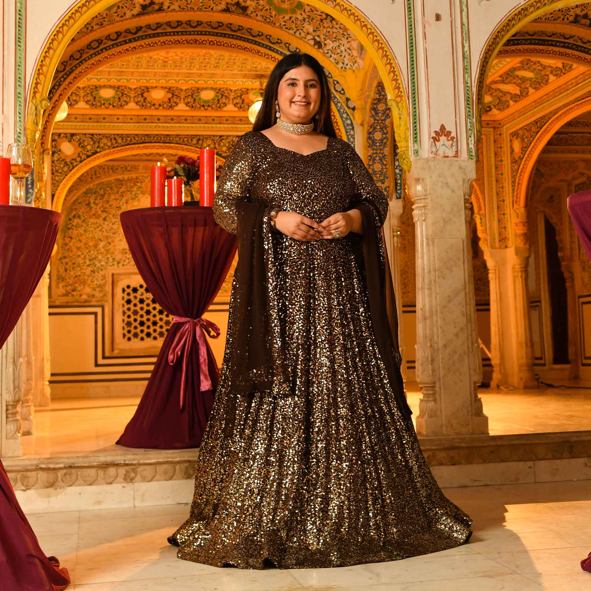 Lara- Coffee Full Sequin Embroidered Anarkali Dress